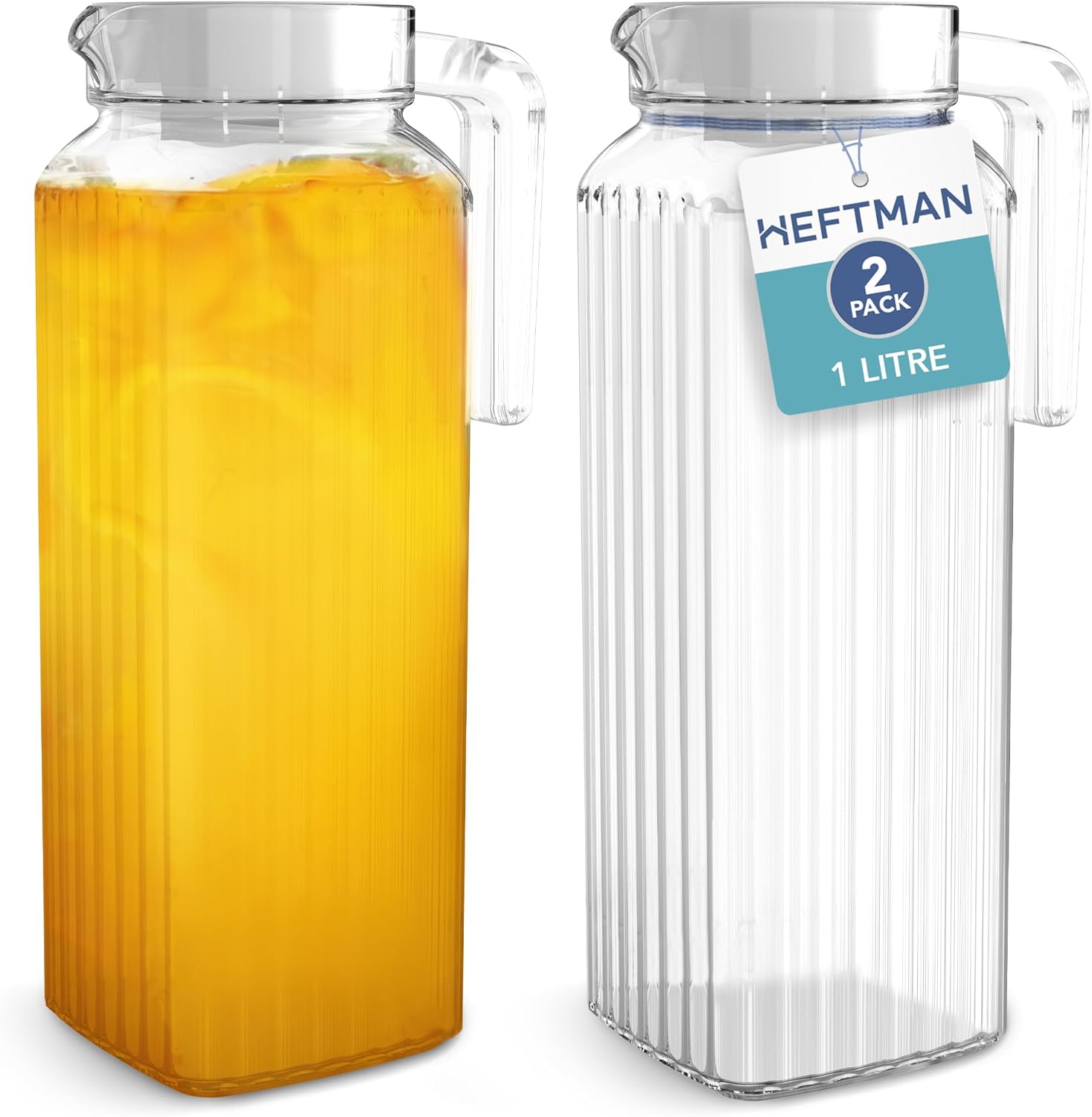 HEFTMAN Glass Water Jug for Fridge - 2 Pack (1 Litre) Water Jugs with Lids with Ribbed Design, Spill-Free Spout, Vented Lid for Hot/Cold Water Ice Tea Coffee Milk & Juice Jug Transparent Pitcher Jug
