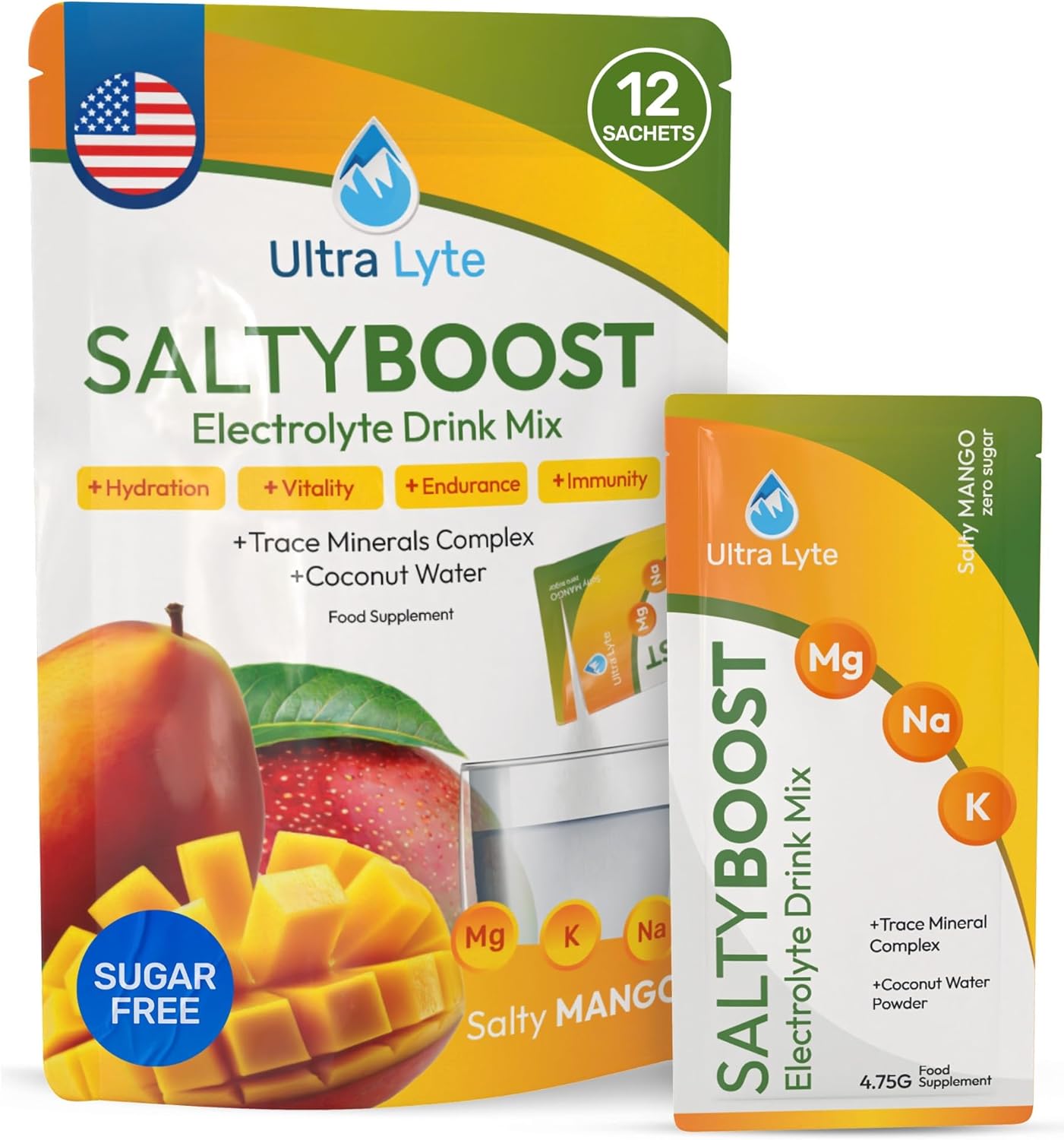 Ultra Lyte Electrolytes Drink Mix - Sugar-Free Sachets with High Sodium, Trace Minerals, and Coconut Water - Hydration for Sports, Fitness, and Recovery (12 Servings (Pack of 1), Salty Mango)
