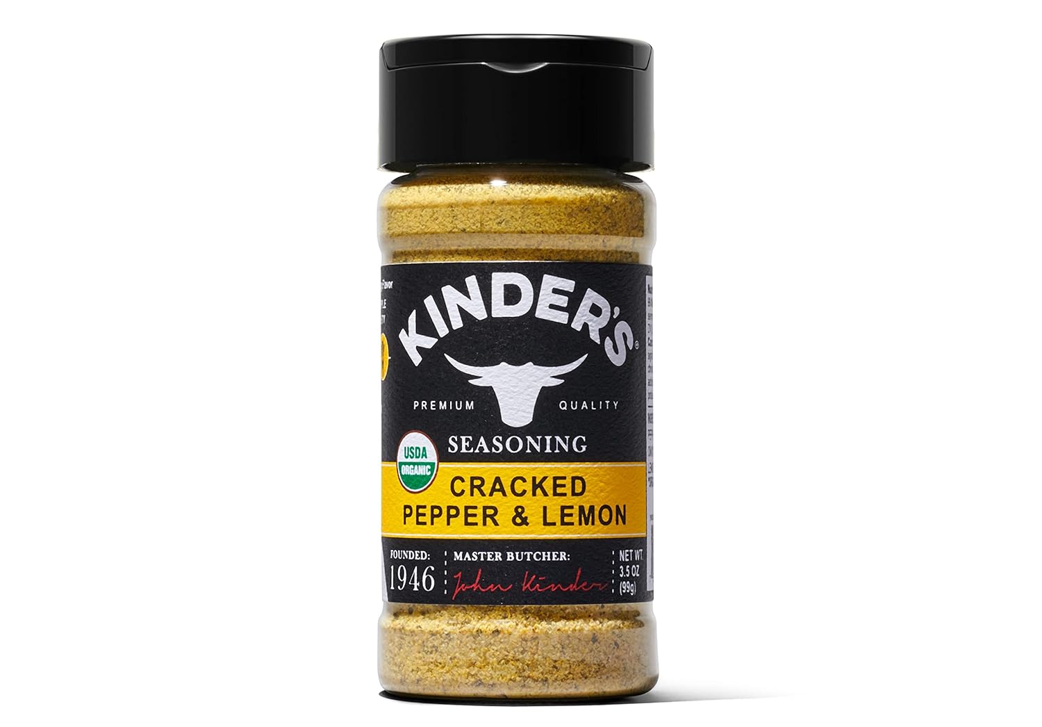 Kinder's Organic Cracked Pepper and Lemon, Premium Quality Seasoning, MSG Free and USDA Certified Organic, 3.5 oz