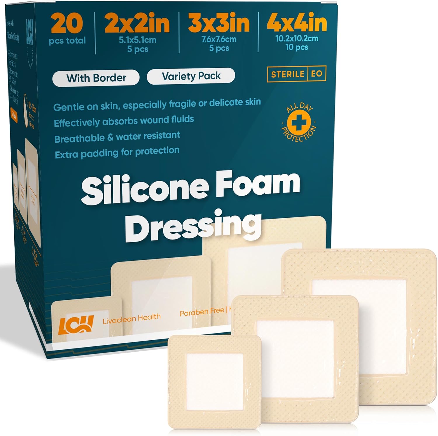 20 CT Silicone Foam Dressing 4x4, 3x3, 2x2 - Sterile Silicone Bandages for Wounds - Adhesive Pressure Sore Bed SOR Bandages - Square Dressing for Wounds and Injury Care by Livaclean Health