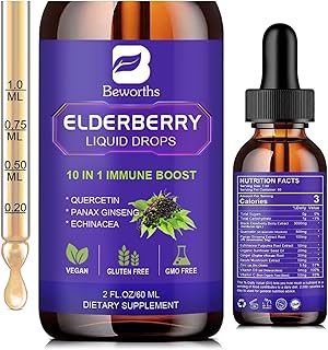 Elderberry Syrup | Black Elderberry Liquid Drop Zinc Quercetin Supplements for Immune Support | Sambucus Elderberry with Zinc and Vitamin C, D3 | Vegan | Non-GMO | Gluten Free | 30 Servings
