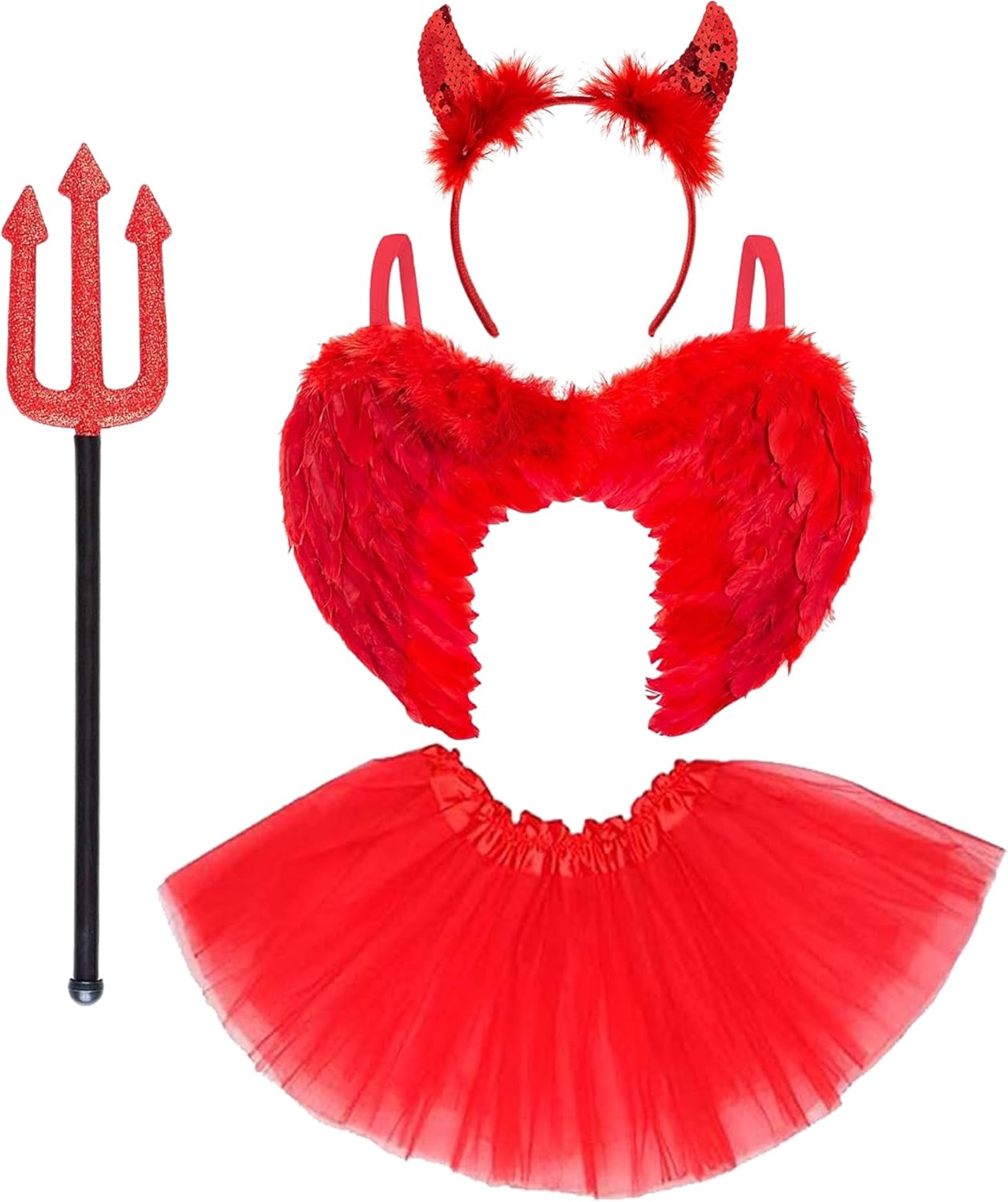 Red Devil Costume for Women - Halloween Fallen Angel Outfit With Wings, Horns, Fork, and Tutu - Ladies Devil Accessories
