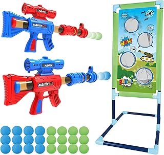 SpringFlower Shooting Game Toy for 5 6 7 8 9 10+ Years Olds Boys,2pk Foam Ball Popper Air Toy Guns with Standing Shooting Target,24 Foam Balls, for Kids