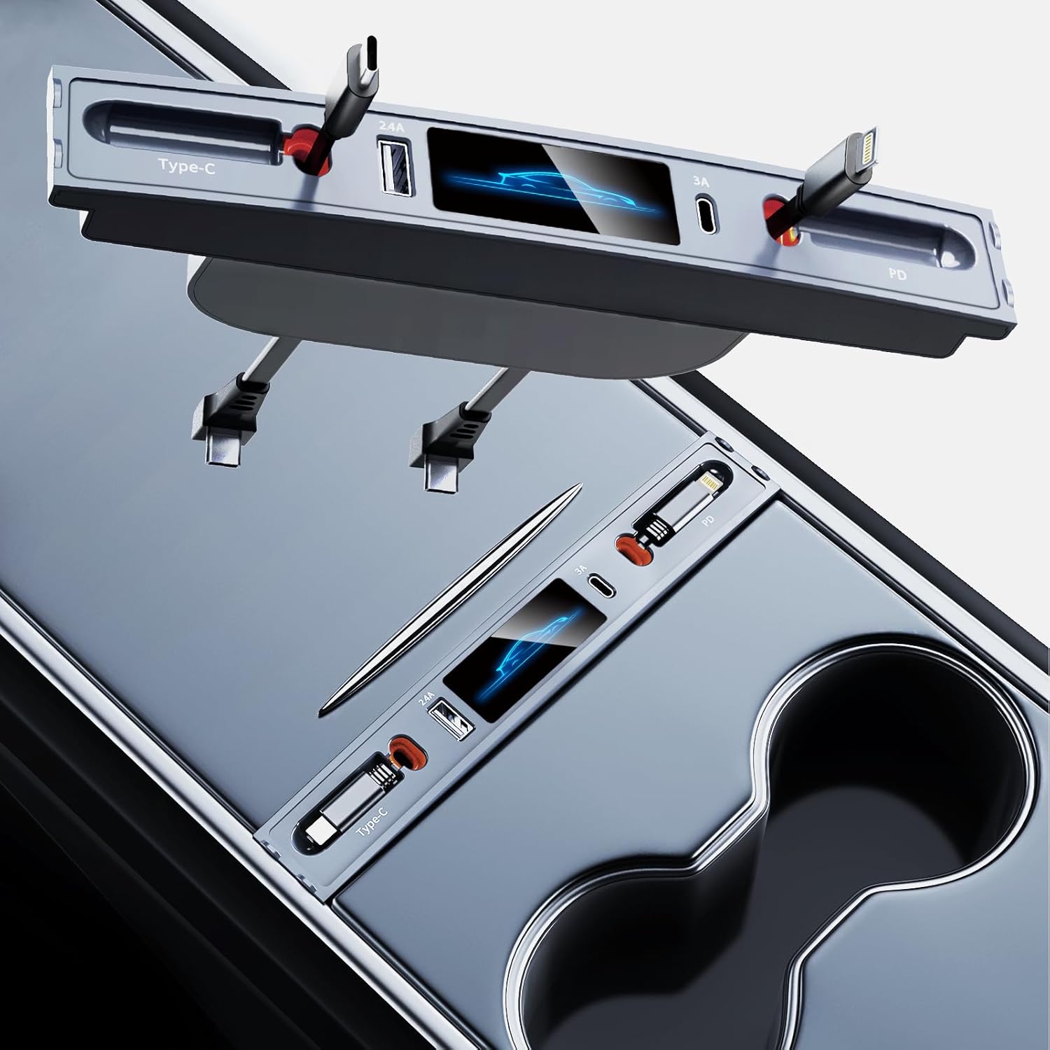 xuenair USB Hub for Tesla Model 3 y 2023 2022 2021, [Retractable Cables] Accessories for Tesla Owners Car Docking Station for Tesla Model 3 y Phone Charger [PD 27W + QC 18W]