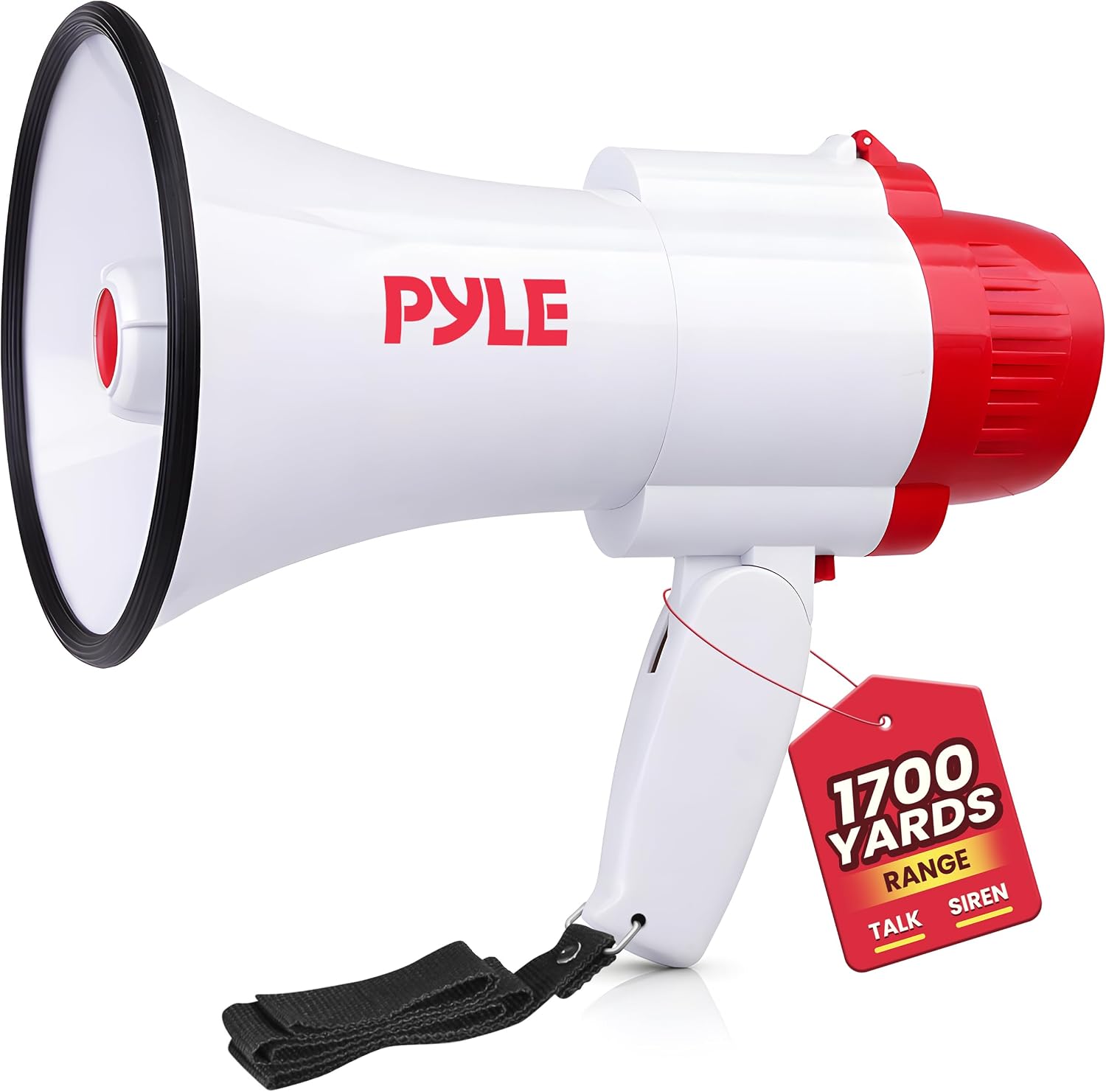 Pyle 30W Megaphone Bullhorn with Built-in Siren, Voice Recorder, and 1700-Yard Range, Featuring Adjustable Volume Control, Ergonomic Pistol Grip, and Convenient Folding Handle for Indoor/Outdoor Use