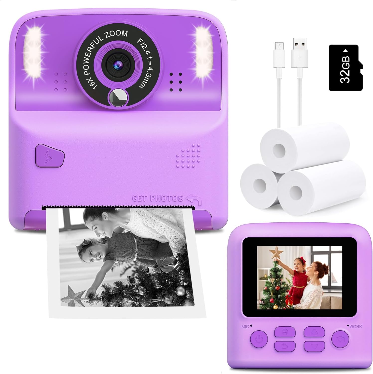 Instant Print Camera for Kids, Christmas Birthday Gifts Toys for Girls Boys Age 3-12, Portable Travel for Toddler Children Digital Cameras with 32GB Card That Prints Black White Photos (Dark Purple)