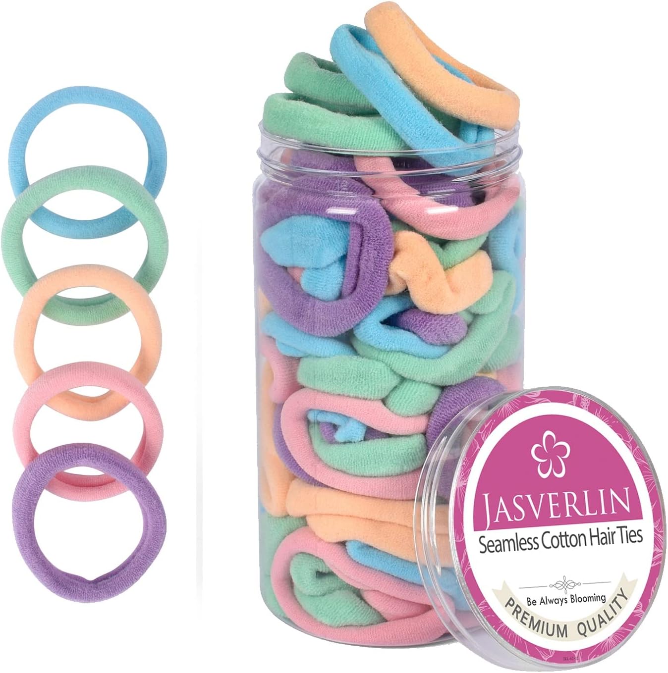Soft Hair Ties - Seamless Cotton Elastic Bands for Women Girls, No Damage Ponytail Holders Small Scrunchies for Thick Curly Thin Hair Assorted 1.5 inch 100 Pcs (Baby Color)