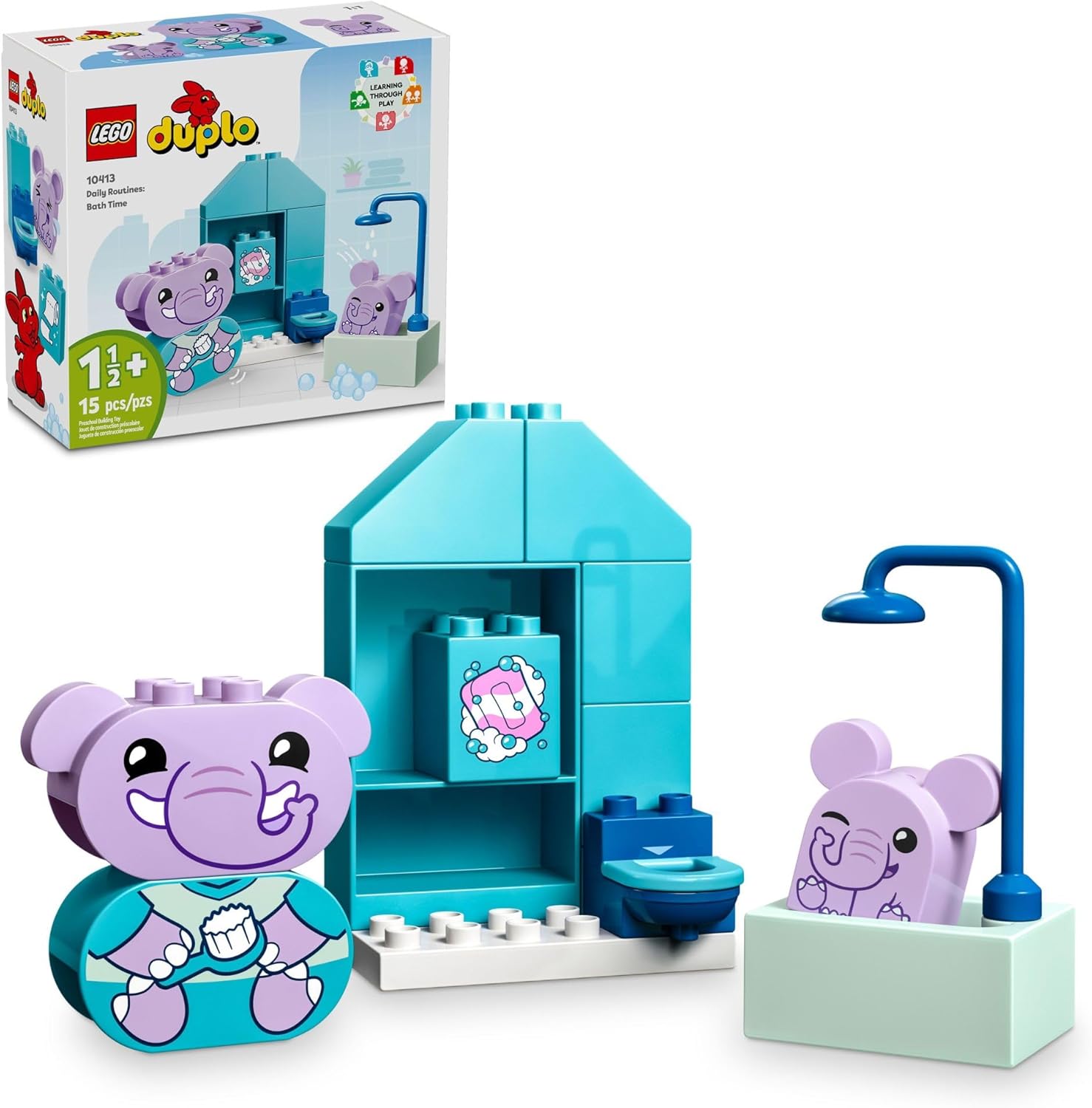 LEGO DUPLO My First Daily Routines: Bath Time Playset, Toddler Learning Toy for Kids Ages 18 Months Plus, Includes 2 Elephant Toys, Helps Preschoolers Role-Play Potty Training, STEM Toy, 10413