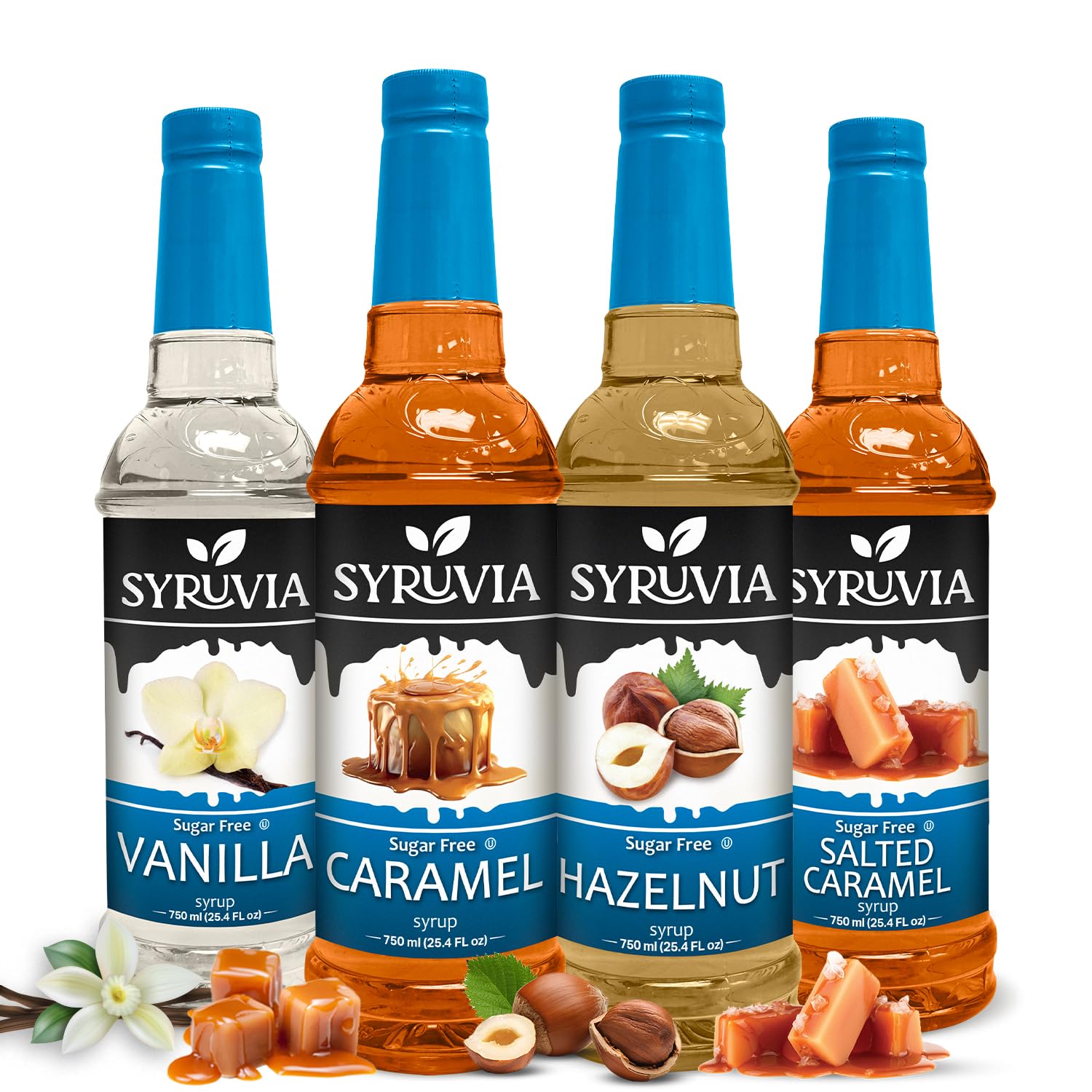 Syruvia Coffee Syrup Variety Pack Sugar Free Vanilla, Caramel, Hazelnut & Salted Caramel Kosher, 25.4 fl oz bottles - Elevate Your Coffee Experience!