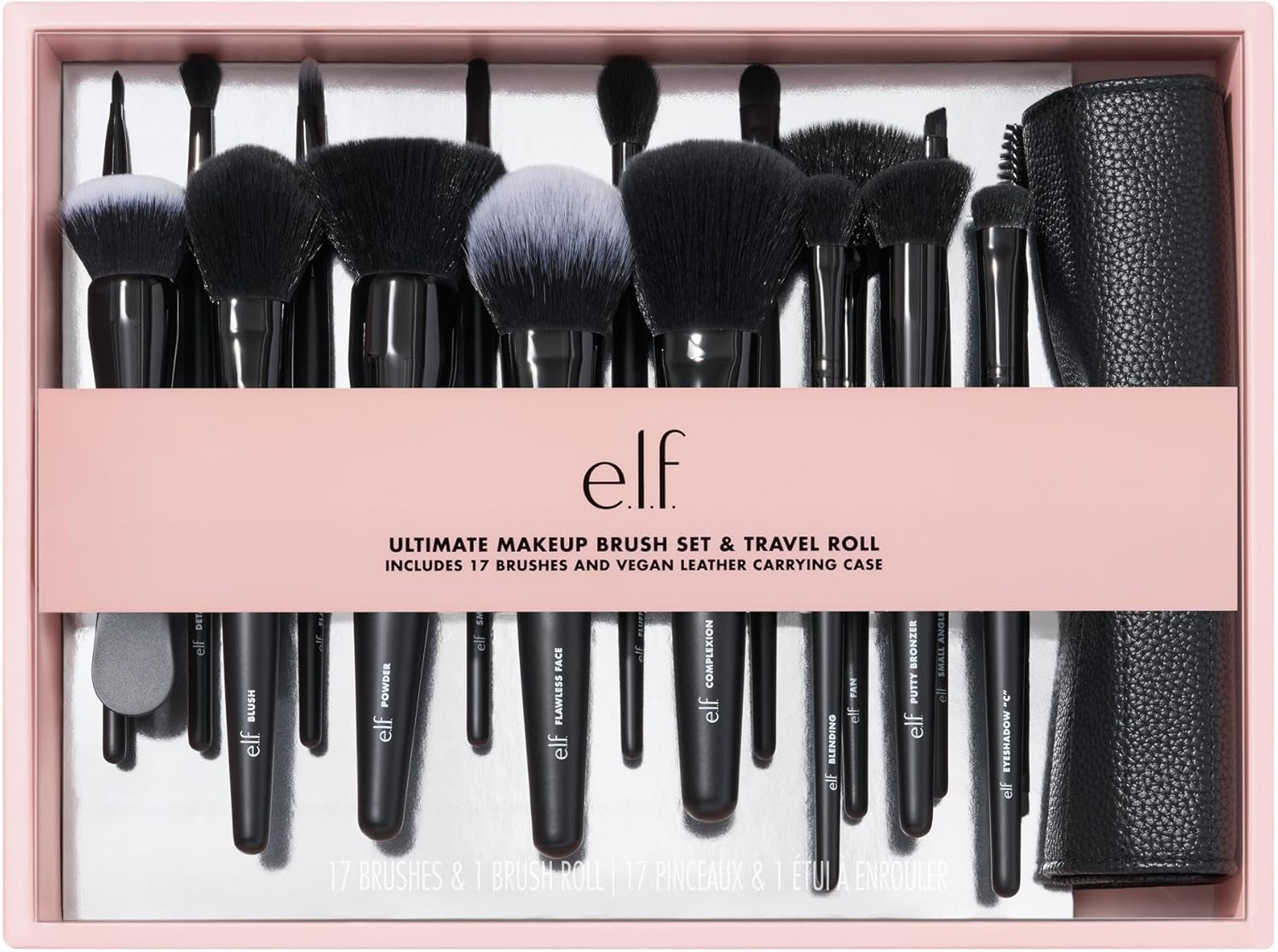 e.l.f. Ultimate Makeup Brush Set & Travel Roll, 17-Piece Brush Kit, Brushes For Eyeshadow, Foundation, Powder, Concealer & more, Vegan & Cruelty-free