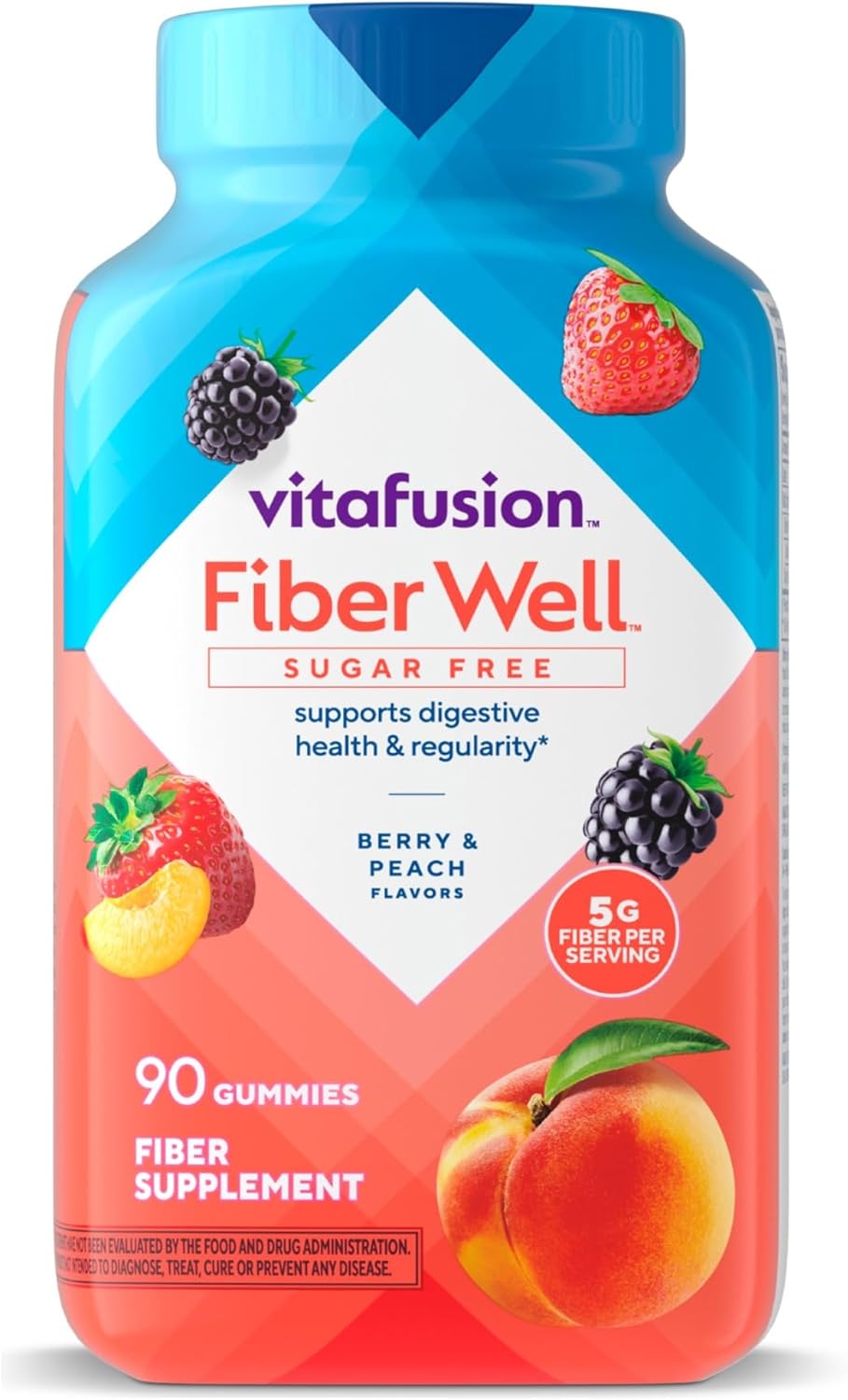 Vitafusion Fiber Well Sugar Free Fiber Gummies Supplement, Peach, Strawberry, And Blackberry Flavored Supplements, 90 Count