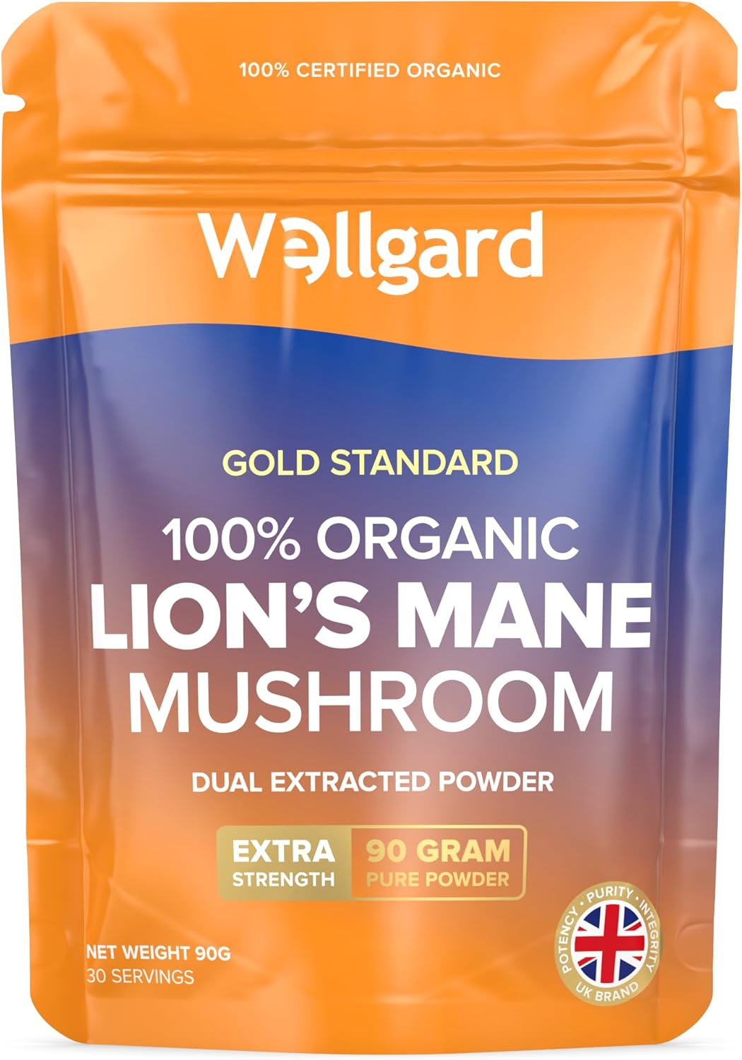 Wellgard Organic Lion's Mane Mushroom Powder 90 Grams - Mushroom Supplement, Dual Extract, Easy to Use, Certified Organic