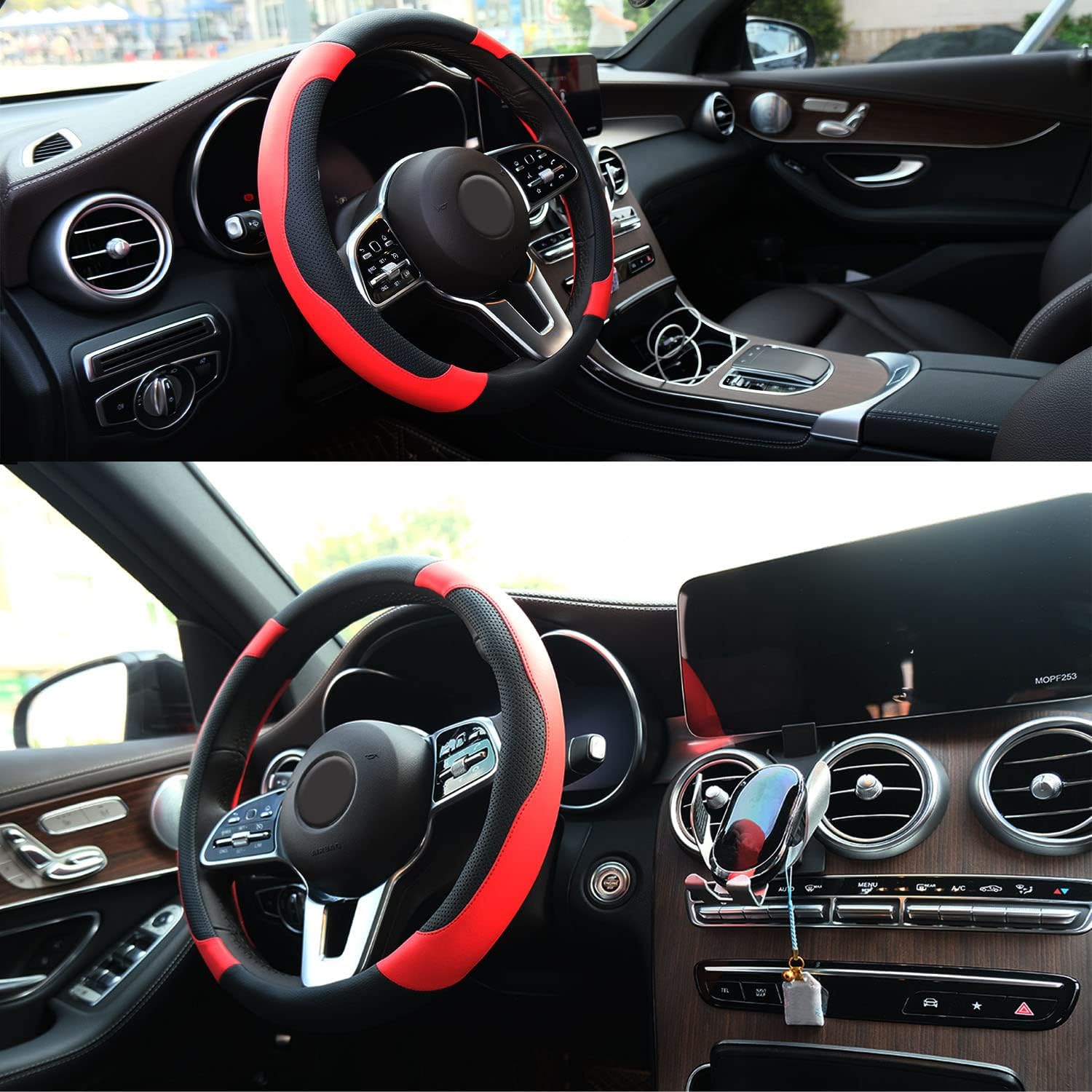 Xizopucy Black and Red Steering Wheel Cover Microfiber Leather Sporty Car Accessories for Men and Women,Breathable Non-Slip Universal Fit 14 1/2-15 Inch