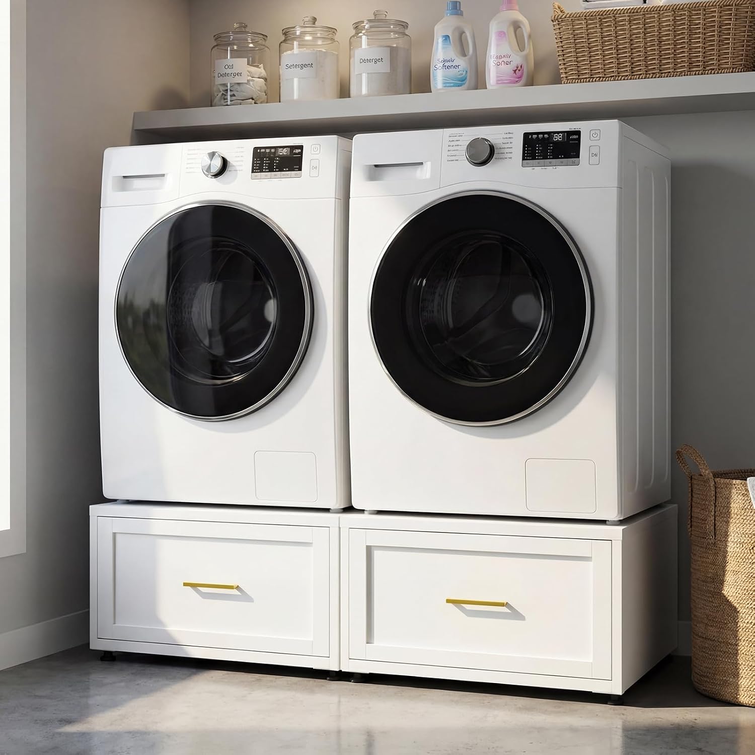 2 Pack Laundry Pedestal Heavy Duty Metal Washer and Dryer Pedestals, 16" H Universal Fit Washer Stand Base, Washing Machine Stand with Storage Drawer, 440lbs Mini Fridge Stand, （White, 2PCS)