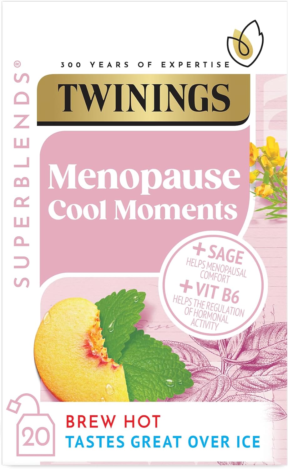Twinings Superblends Menopause Cool Moments Peach Herbal Tea infusion with Lemon Balm, Honey Blush & Vitamin B6, 20 Biodegradable Bags