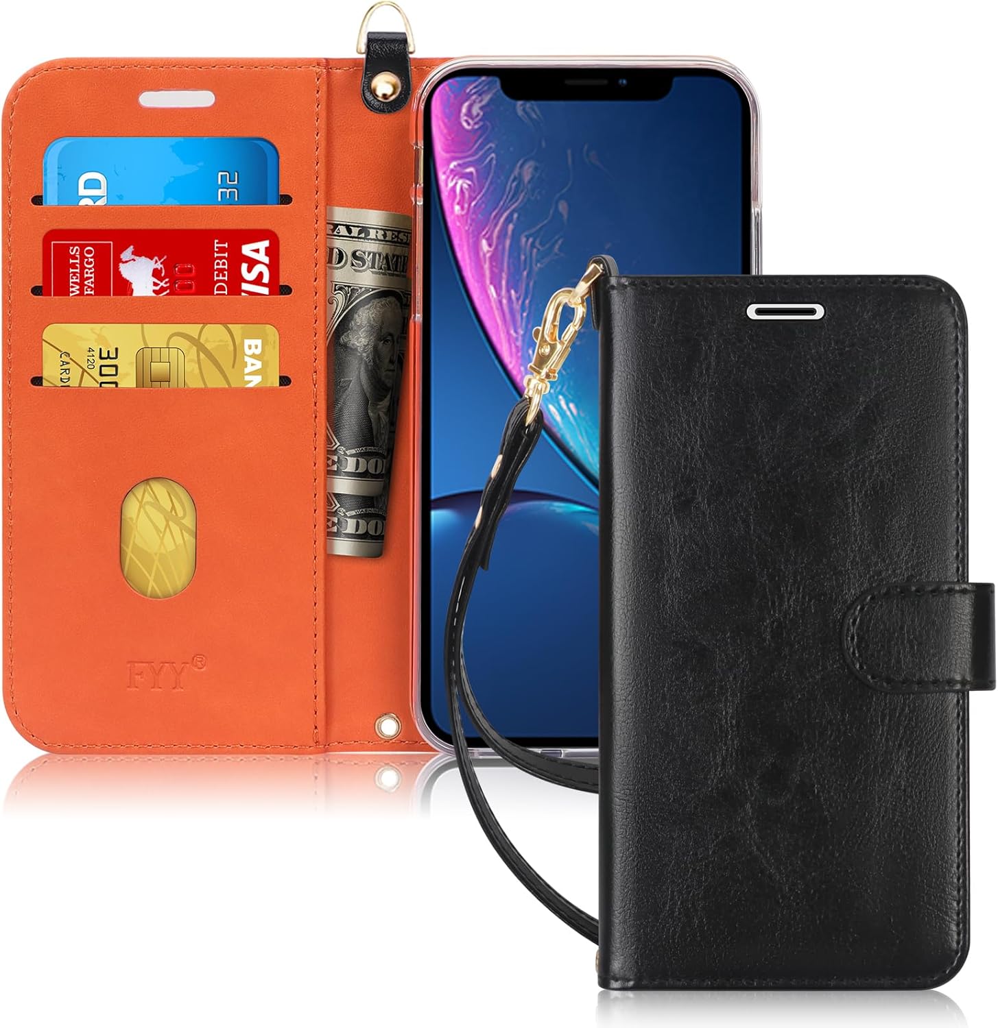 FYY Case for iPhone Xr (6.1") 2018, [Kickstand Feature] Flip Folio Leather Wallet Case with ID and Credit Card Pockets for iPhone Xr (6.1") 2018 Black