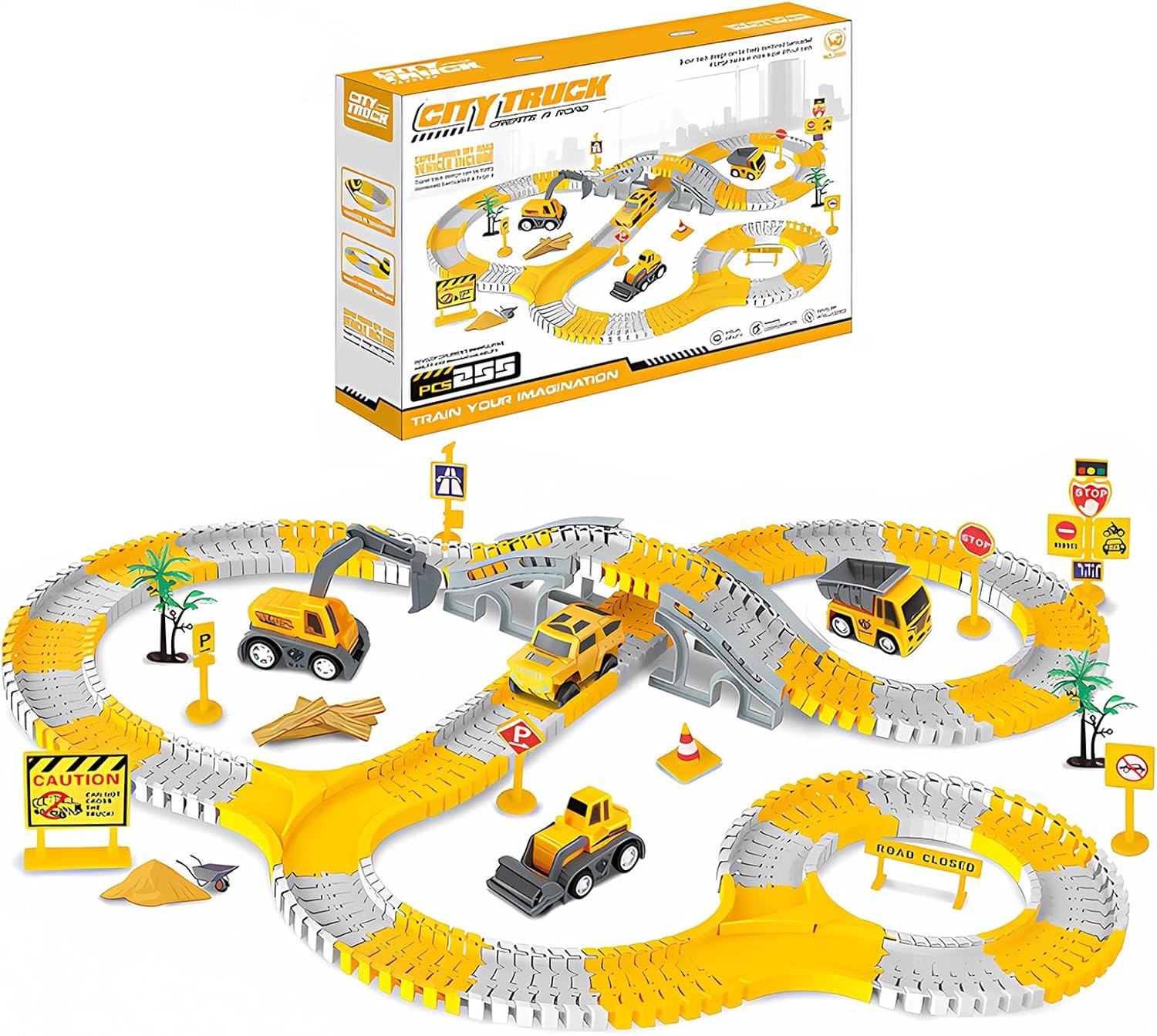 Construction Race Tracks Toys for Kids - 255-Piece Construction Car and Flexible Track Set Engineering Track Playset Gift for 3 4 5 6 Year Old Boys Girls