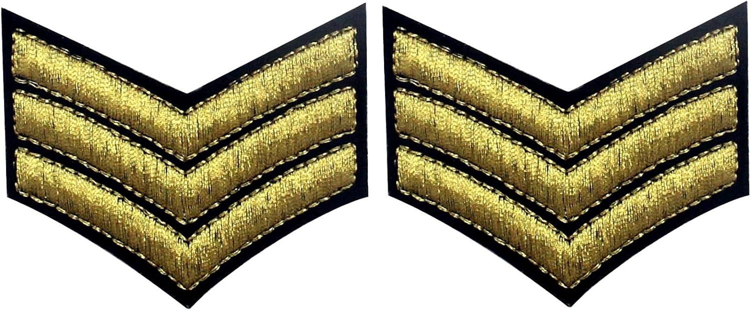 Military Uniform Chevrons Sergeant Stripes Army Patch Embroidered Arms Badge Morale Applique Emblem Fastener Hook and Loop Shoulder Emblem, Gold, 2PCS