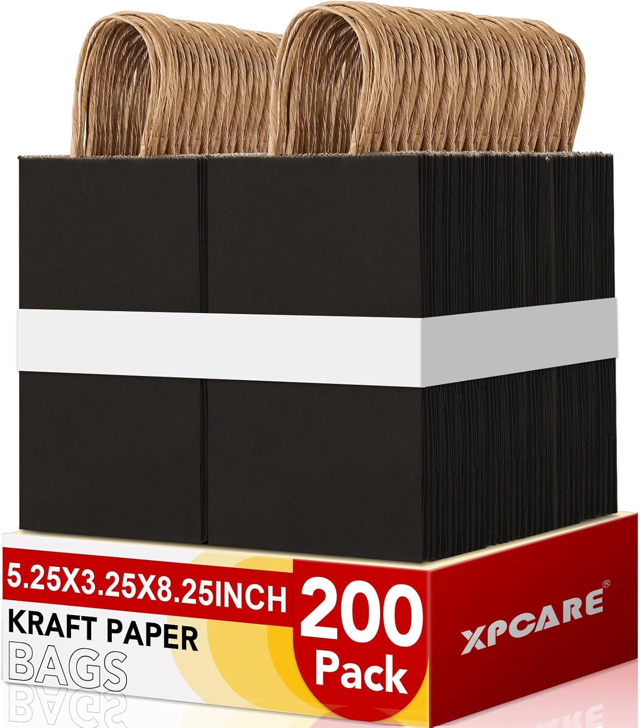 XPCARE 200Pcs Paper Gift Bags 5.25x3.25x8.25'',Gift Wrap Bags with Handles, Black Kraft Paper Bags for Small Business Paper Bags Bulk for Birthday Party Favors Shopping Retail