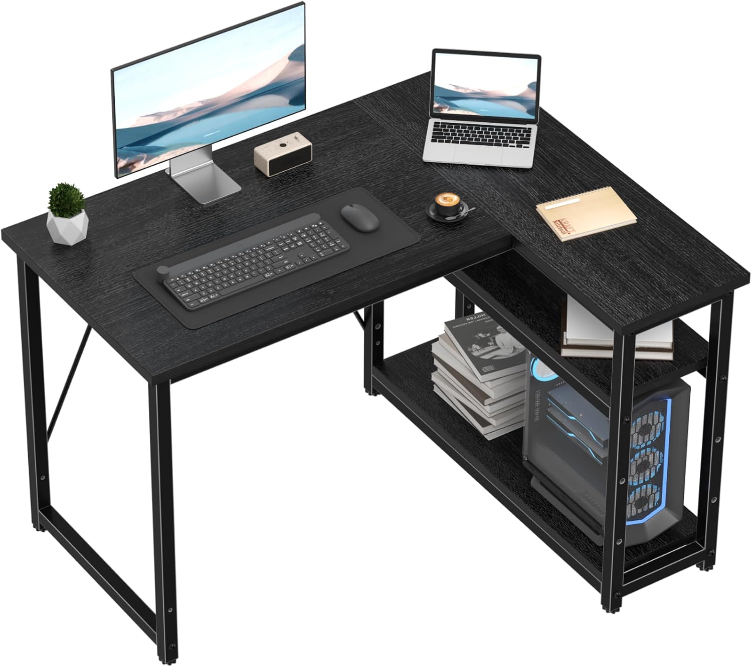 100 * 80cm L Shaped Computer Desk with Reversible Large Storage Shelves, Corner Desk Computer Workstation Matching Under Desk Height Adjustable Storage, Home Office Work Table Black