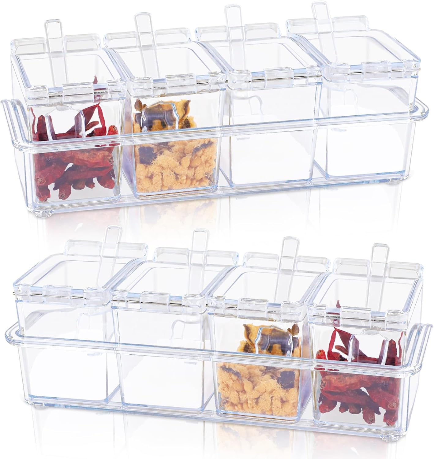 SHAIDOJIO 8 Piece Spice Jars, Clear Seasoning Jars with Lids and Spoon, Plastic Spice Containers Storage, Seasoning Box Spice Pots for Spice Sugar Salt Pepper Herb Tea Coffee Kitchen Home Hotel Cafe