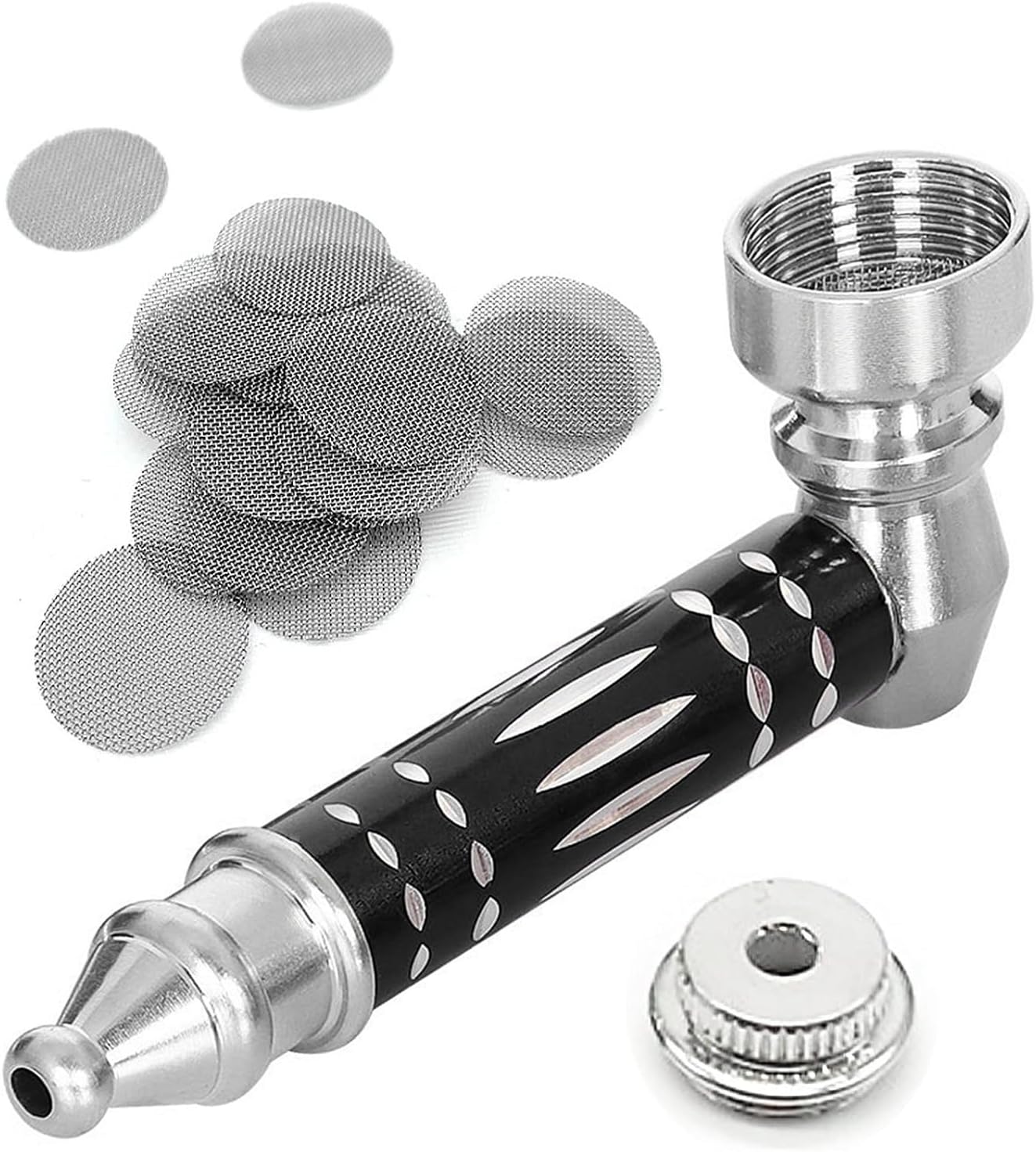Aluminum Tube Mini Smoking Pipe in Black, Portable Mini Pipe with 20Pcs Stainless Steel Screen Filters, Metal Pipe Smoking Accessory, Pocket Smoking Pipe as Gift for Father Friends