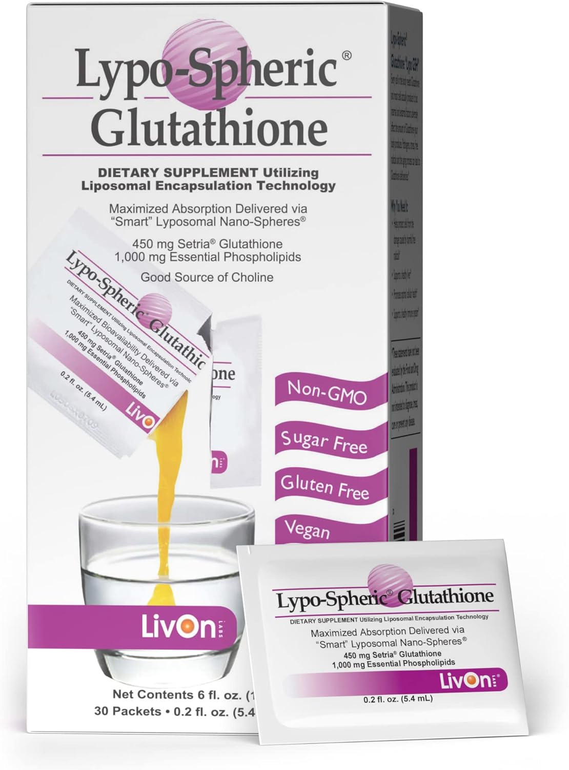 LivOn Laboratories Lypo-Spheric Glutathione - 30 Packets – 450 mg Glutathione Per Packet – Liposome Encapsulated for Maximum Bioavailability – Professionally Formulated – 100% Non-GMO