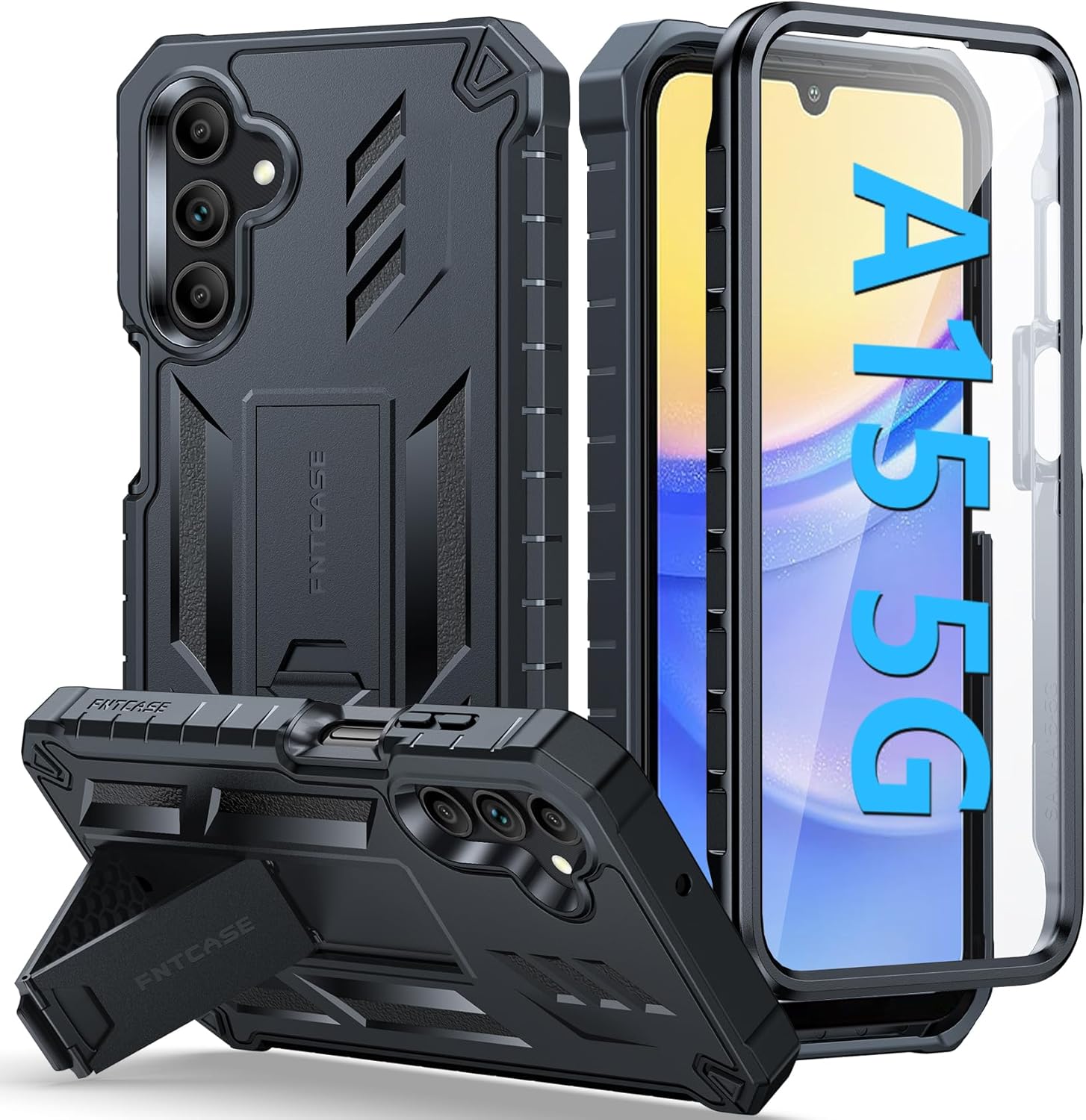 FNTCASE for Samsung Galaxy A15-5G Case: Dual Layer 360 Full Protection Heavy Duty Cell Phone | Military Grade Drop Protective Hard Cover with Kickstand Black 4G