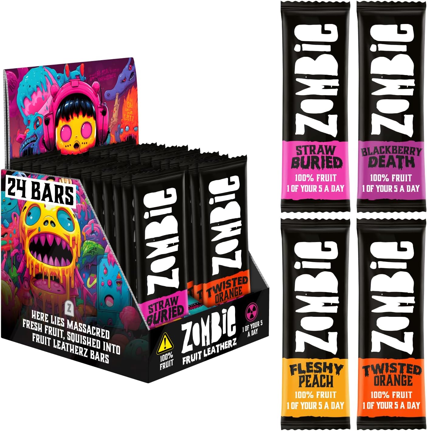 Zombie Fruit Bars, Variety Box (24 Bars, 4 Flavours), 100% Dried Fruit, Healthy Snacks for Adults, Kids, Low Calorie, Gluten Free, Vegan, Halal, Bulk, Real Fruit, No Added Sugar, Natural, Roll Ups