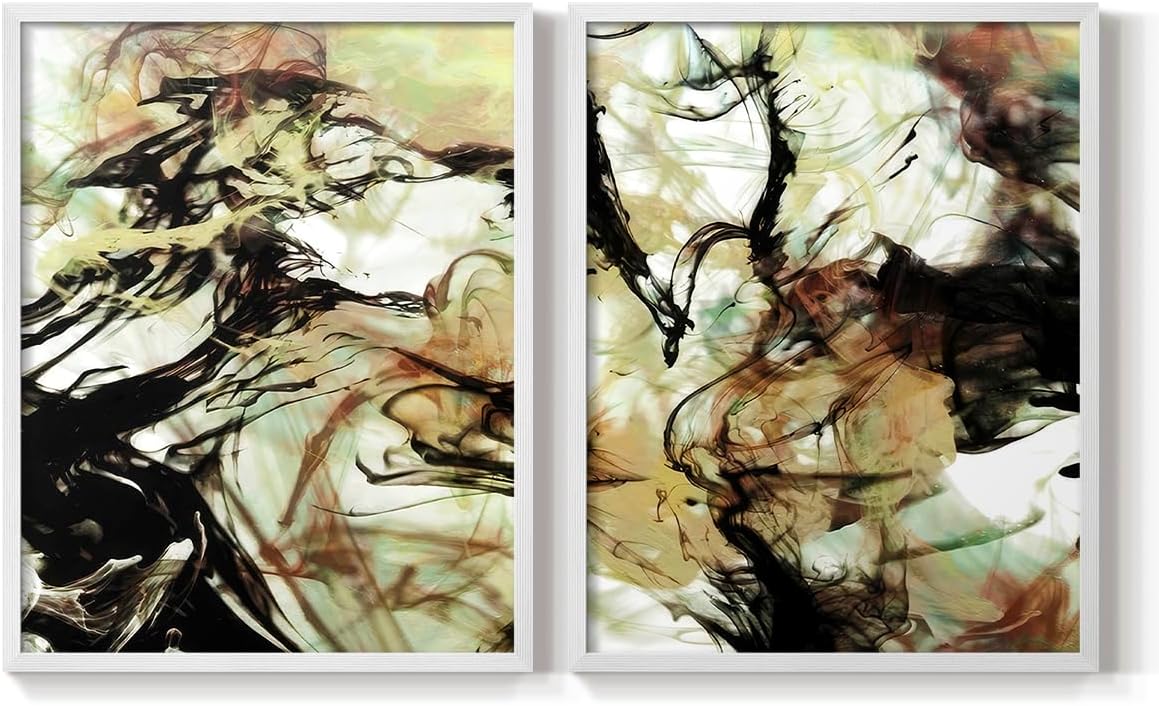 Renditions Gallery Set of 2 Peel & Stick Framed Prints, Abstract Wall Art, Vapping Smoke Design Wall Decor, Re-Stickable - Ready to Hang - 8"x10" - White Frame LT588