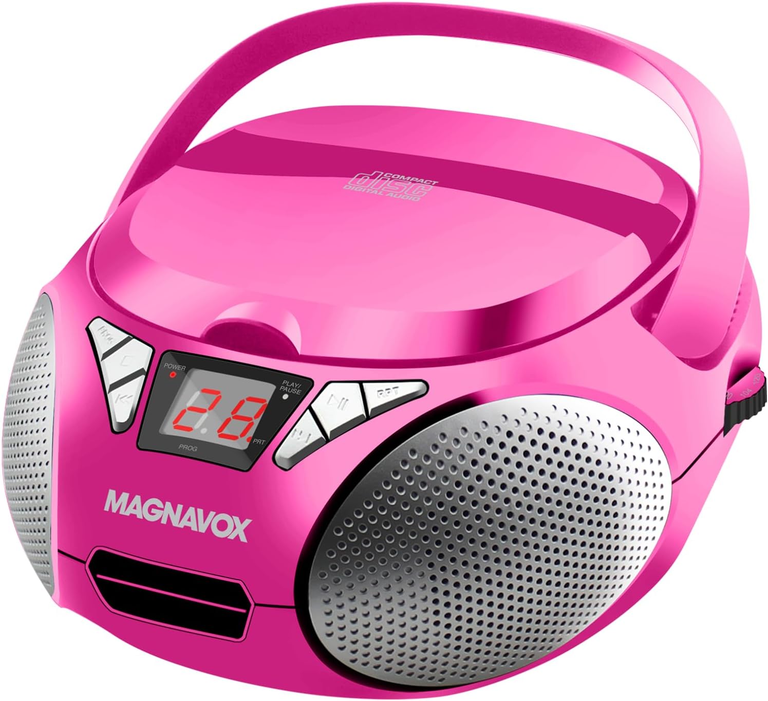 Magnavox MD6924 Portable Top Loading CD Boombox with AM/FM Stereo Radio in Black | CD-R/CD-RW Compatible | LED Display | AUX Port Supported | Programmable CD Player | (Pink)