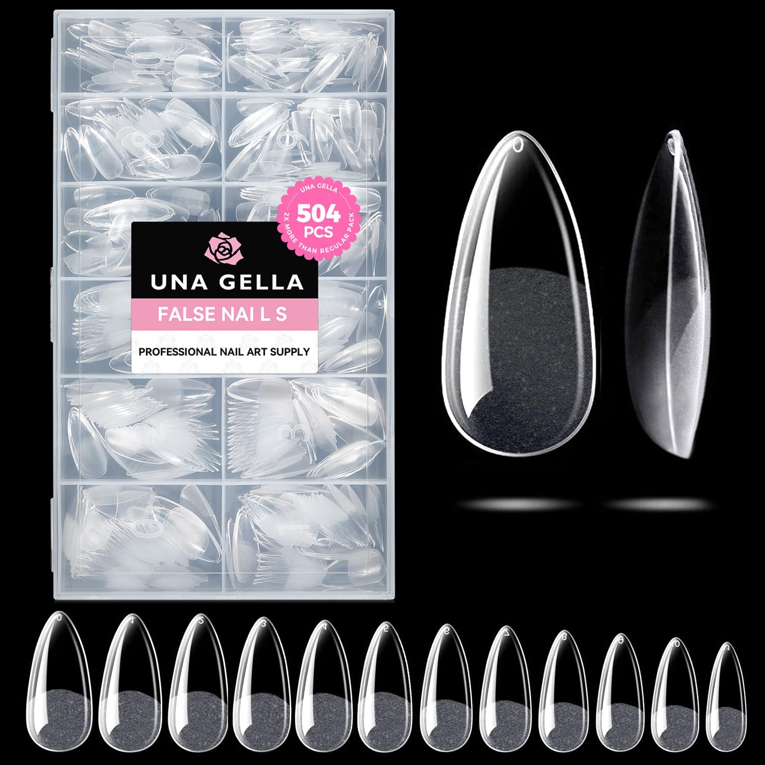 UNA GELLA Almond Gel Nail Tips, 504PCS Pre Etched Clear Fake Nails Tips Medium Almond Shape - 12 Sizes Full Cover Soft Acrylic Press On Nail Extensions No C Curve Gift for Diy at Home