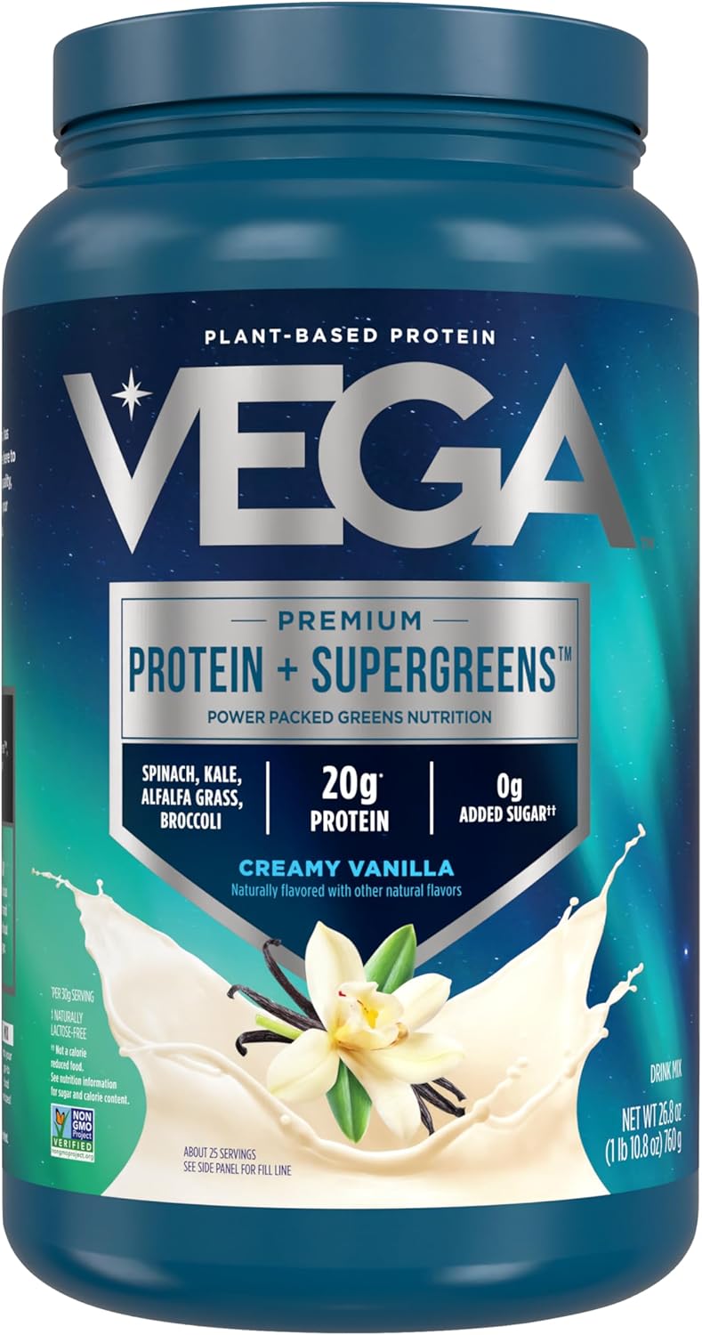 Vega Protein + Supergreens - 20g Plant-Based Protein, Vanilla, 25 Servings, Real Greens & Veggies, Vegan Keto, 0g Added Sugar, Non-GMO, Gluten Free, Dairy Free, 1.7lbs (Packaging May Vary)