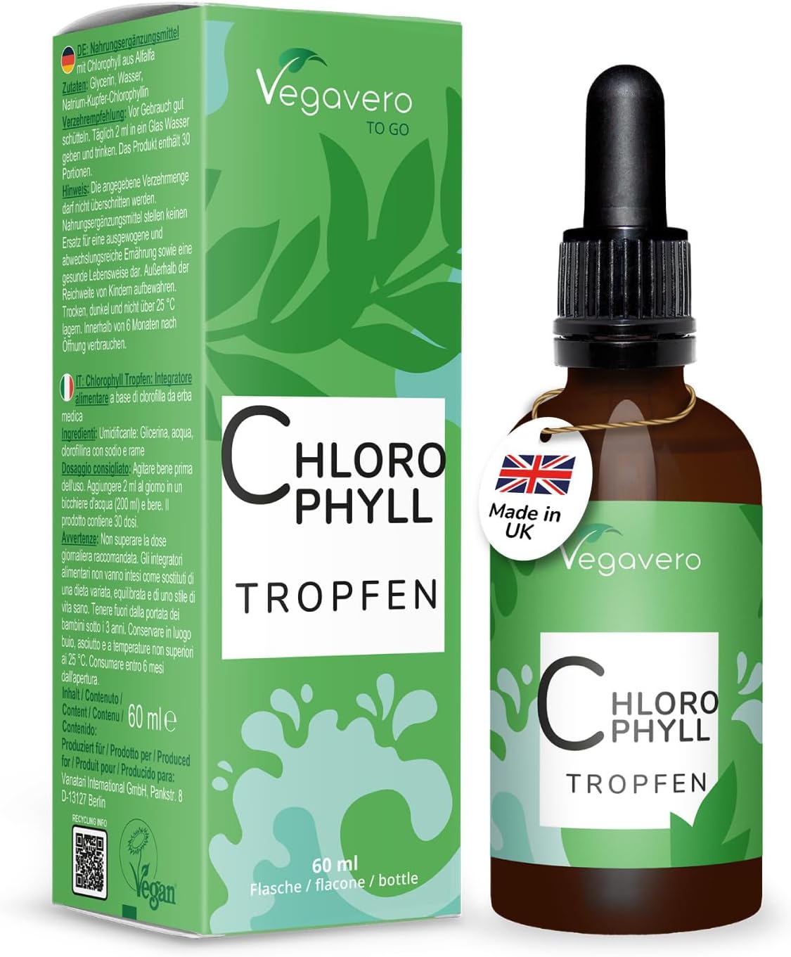 Vegavero Chlorophyll Liquid | 60 ml | 300 mg Sodium Copper Chlorophyllin | NO Additives, Lab-Tested | Made in UK | Vegan
