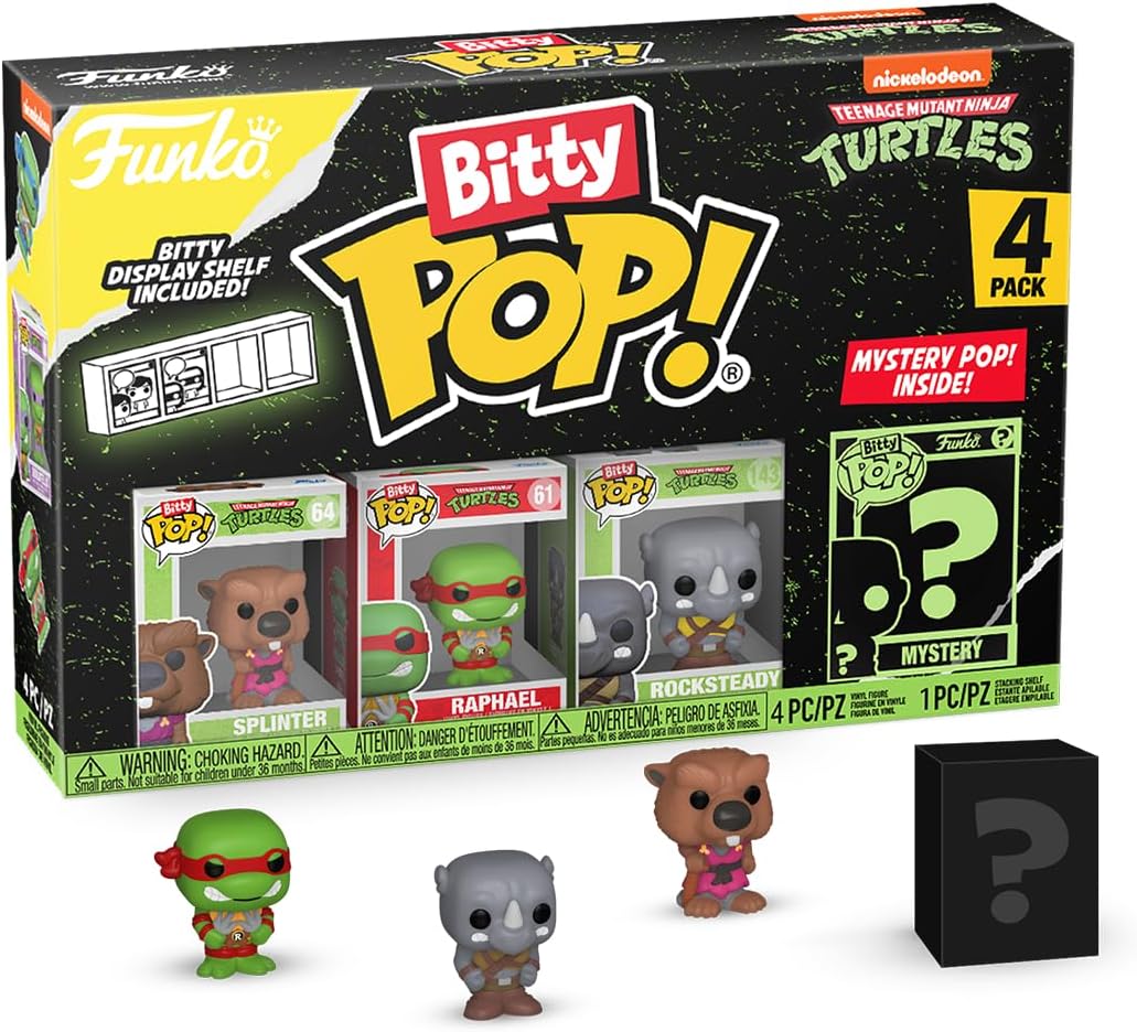 Funko Bitty POP! Teenage Mutant Ninja Turtles - Splinter, Raphael, Rocksteady and A Surprise Mystery Mini Figure - 0.9 Inch (2.2 Cm) - TMNT Collectable - Stackable Display Shelf Included - TV Fans
