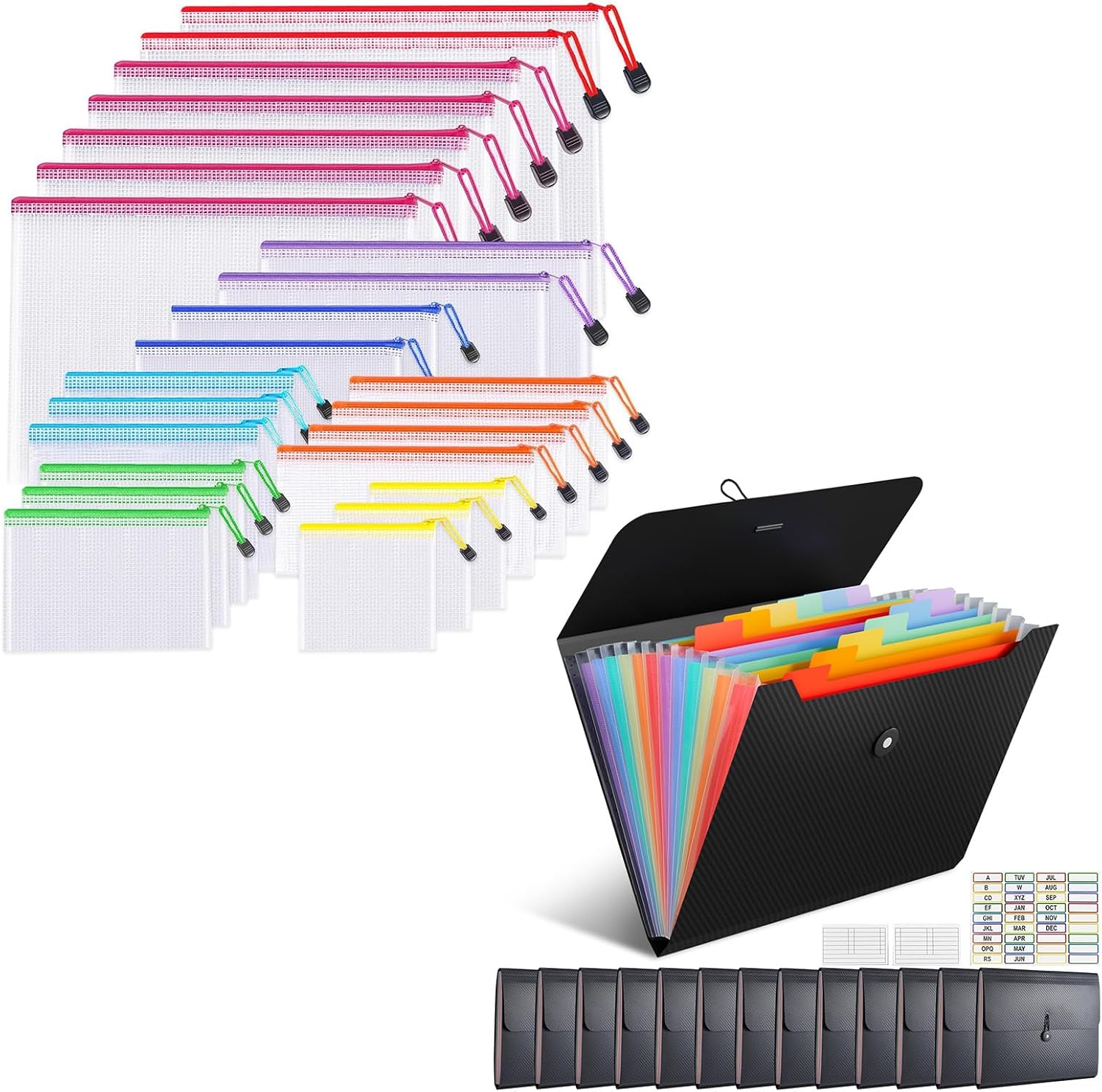 38 PCS Document Bags - 24pcs 8 Sizes Mesh Zipper Pouch Bags - 14 PCS 13 Pocket Office Accordion File Organizer