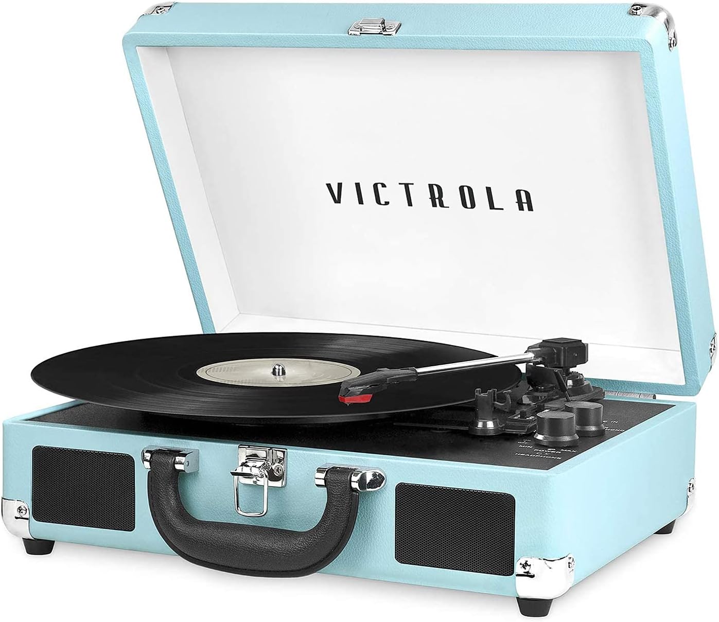 Victrola Journey Bluetooth Portable Suitcase Record Player – with Built-in Speakers, 3 Speed Vinyl Record Player, RCA Out, Headphone Jack (Turquoise)