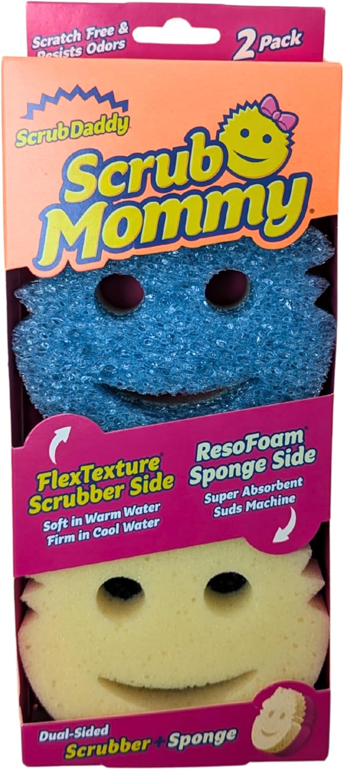 Scrub Daddy Scrub Mommy Cleaning Sponges - Dual Sided Non Scratch Sponge Scourers, Smiley Kitchen Sponges for Dishwashing & Bathroom, FlexTexture Dish Scrubber Sponge, Blue Twin Pack
