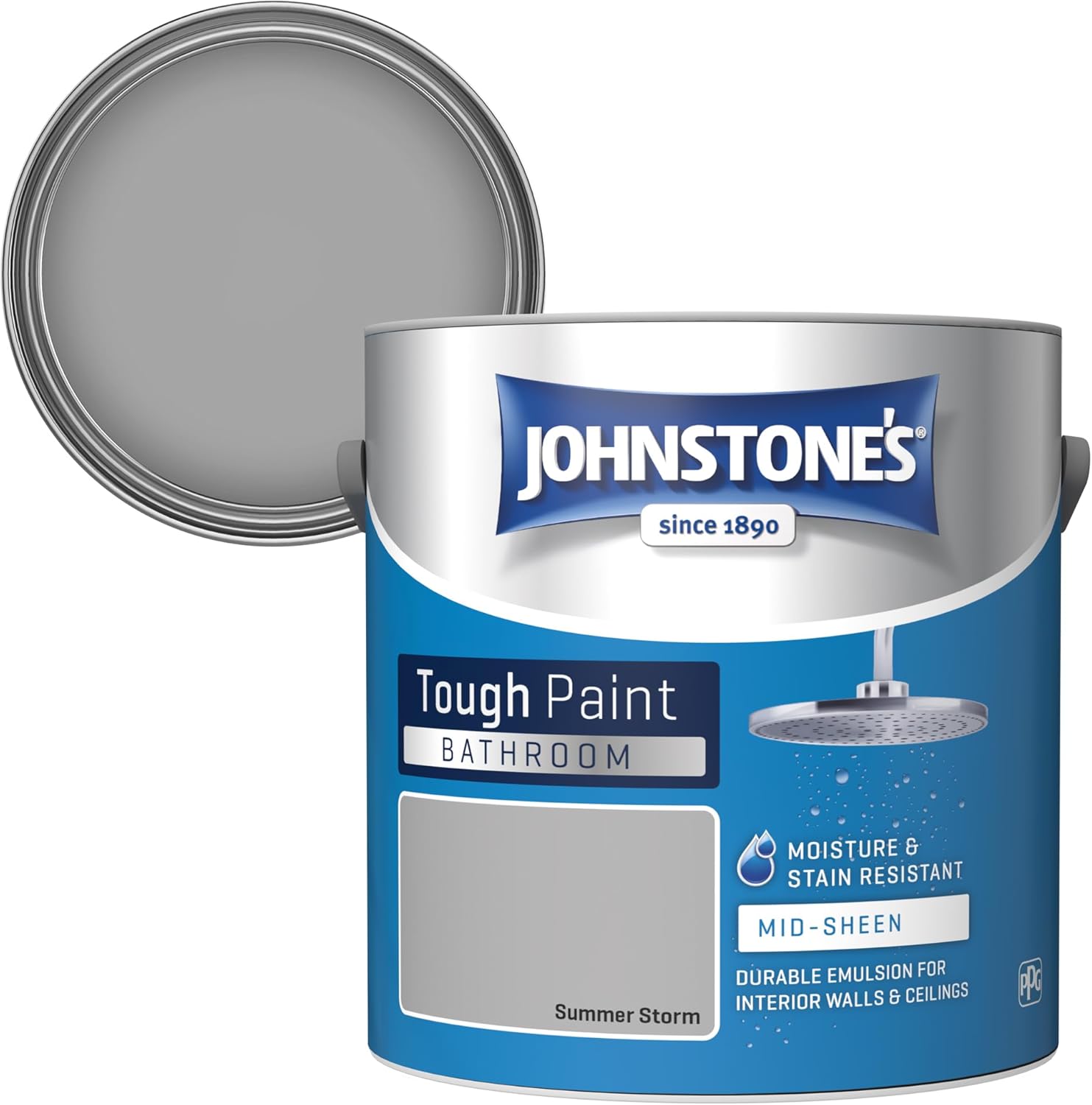 Johnstone's - Bathroom Paint - Summer Storm - Mid Sheen Finish - Stain Blocker Paint - Use in Moist & Damp Areas - Low Odour - Dry in 1-2 Hours - 12m2 Coverage per Litre - 2.5L