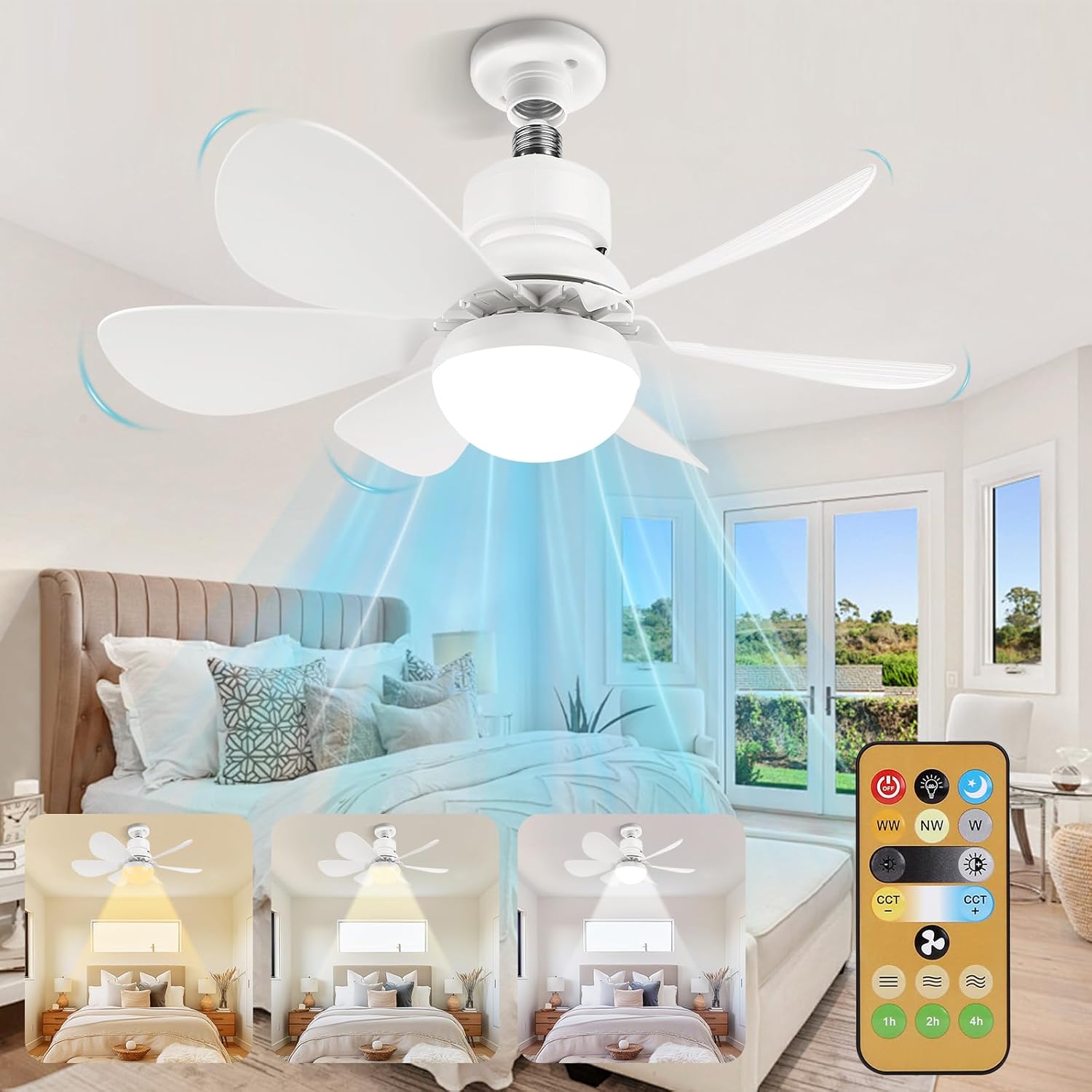 Ceiling Fans with Lights and Remote Control,30w Ceiling Fan Light Dimmable,Quiet Ceiling Fan 6 Blades for Bedroom,Living Room Kitchen 3 Color Temperature,3 Speeds,Timing
