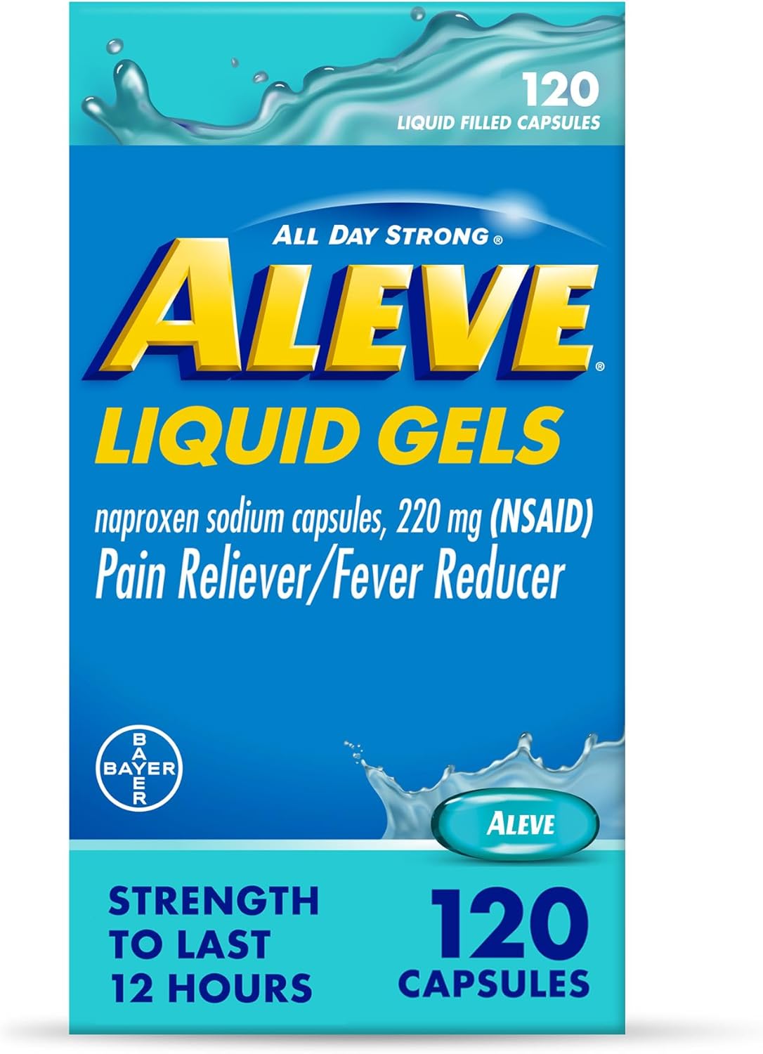 Aleve Liquid Capsules, Naproxen Sodium Capsules 220 mg (NSAID), Pain Reliever/Fever Reducer, Fast Pain Relief, 120 Count