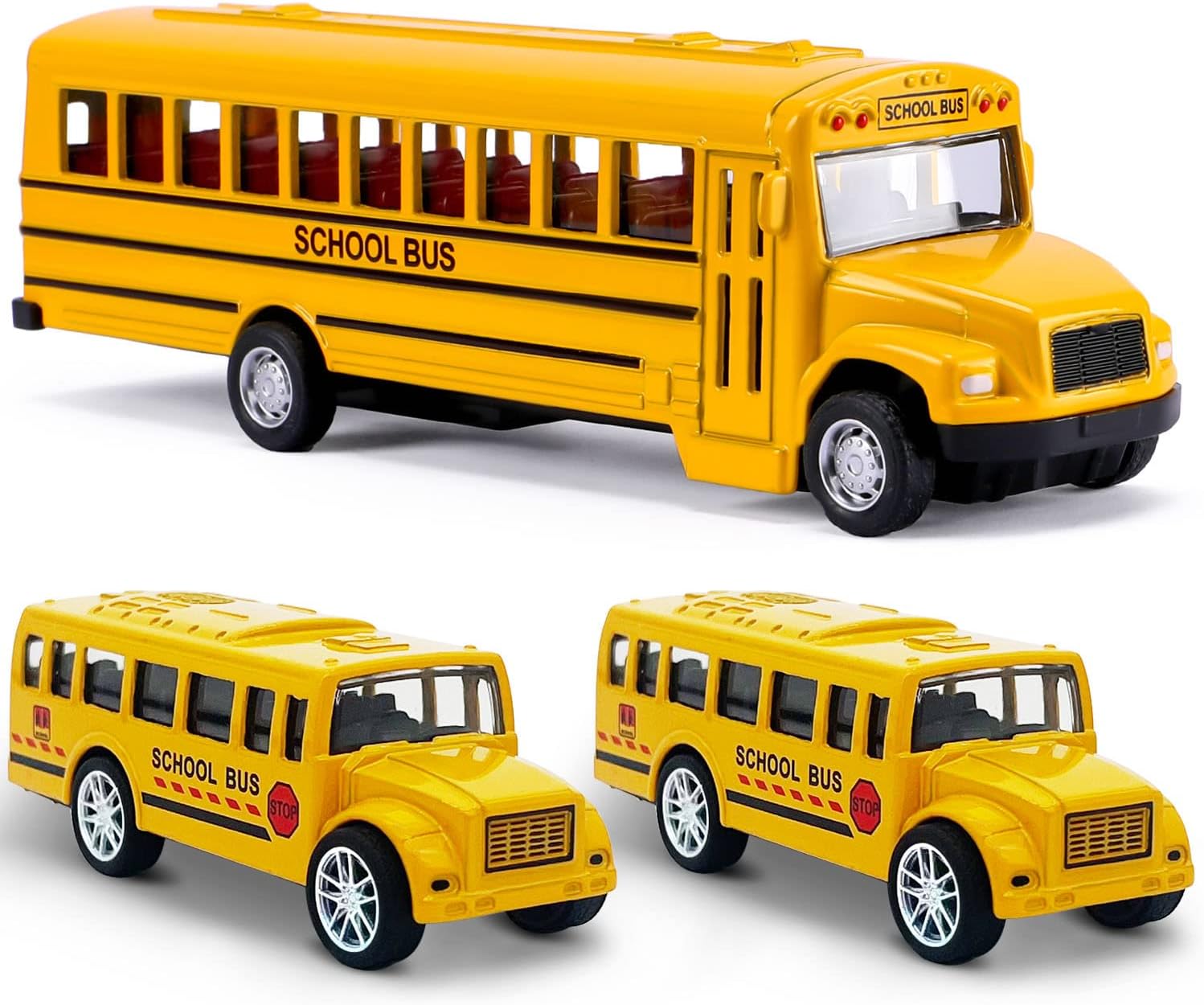 3 Pack Pull Back School Bus Playset, Die-cast Metal Toy Vehicles with Bright Yellow for Boys Girls Kids Toddlers
