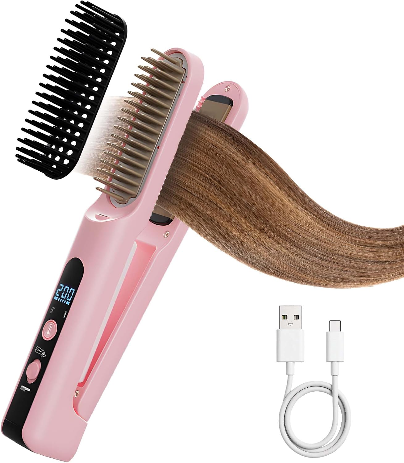 Cordless Hair Straightener Brush 2in1,Rechargeable Portable Hair Straightener & Curler Tool with 4 Temperature Settings, Removable Brush Head for Easy Cleaning, Anti-Scald Fast Heating,Travel (Pink)