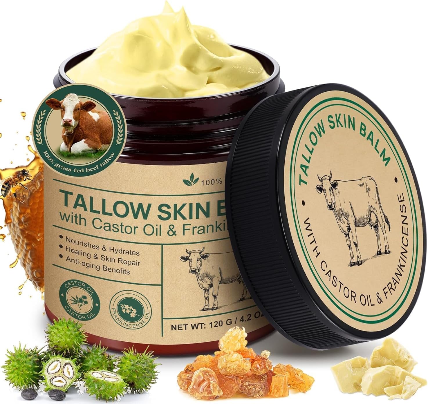 Tallow Castor Oil Frankincense Oil Handmade Skin Balm, Face & Body Moisturizer for Sensitive Skin, Eczema All-Purpose Balm, 100% Grass-Fed Tallow for Skin Care