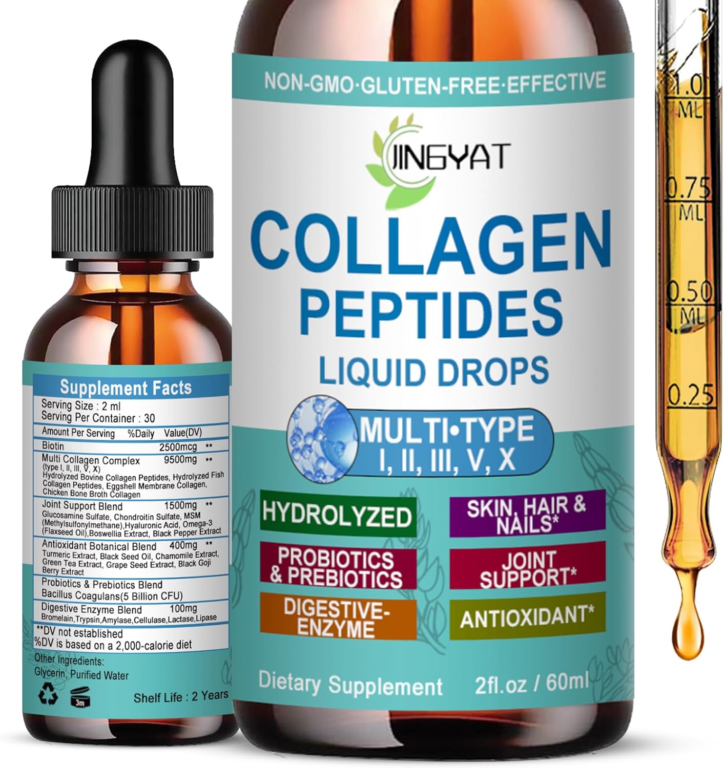 Collagen Peptides Liquid Drops, Multi Collagen Peptides for Skin Hair Nail Joints Bones Gut Health, Hydrolyzed Liquid Collagen Peptides w/Glucosamine Chondroitin MSM Biotin Vitamins for Women and Men