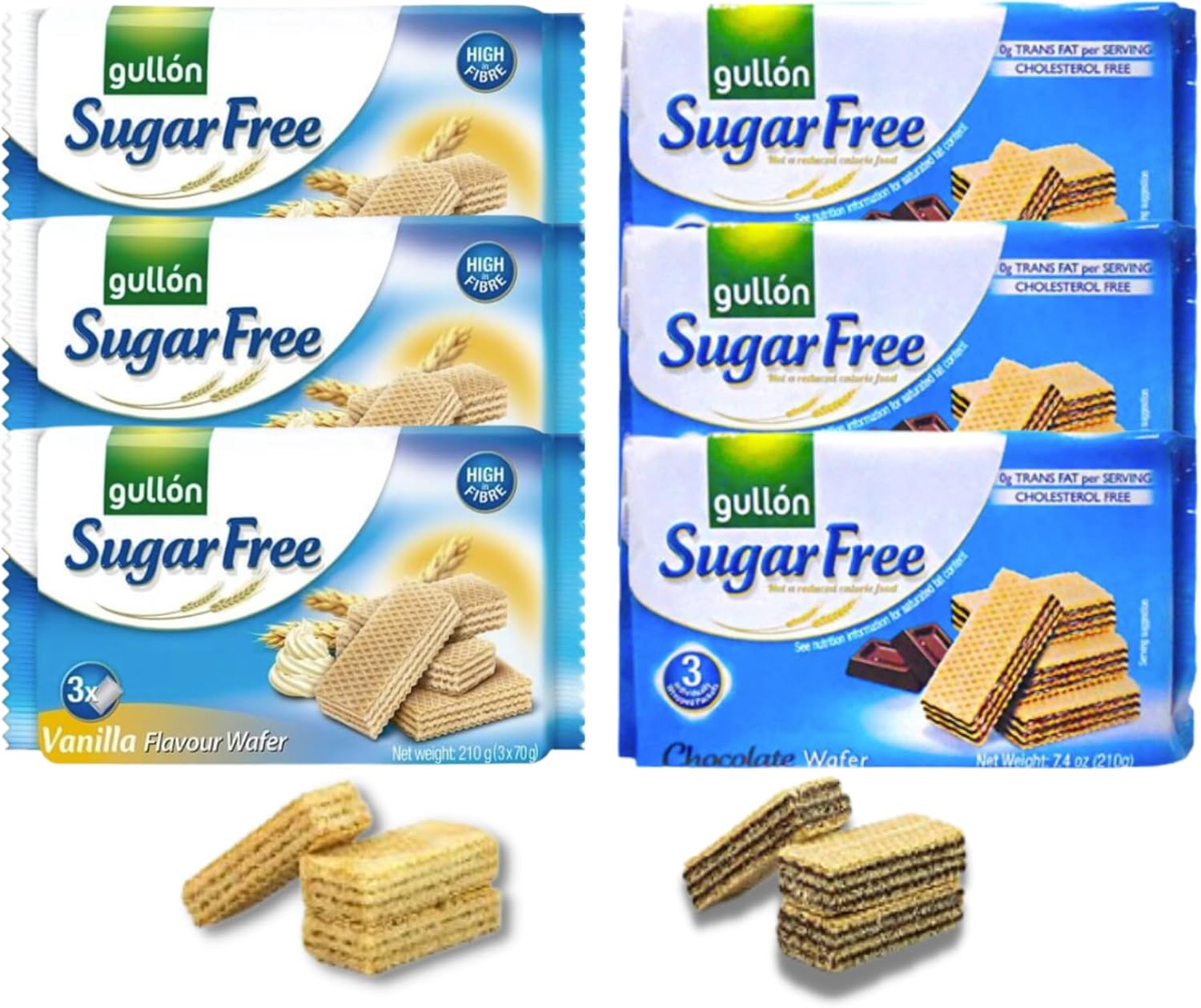 Gullon Sugar Free Biscuits Wafers Bundle - 6 Packs | 3x Chocolate and 3x Vanilla Flavours 180g each bundled by The Great British Kitchen