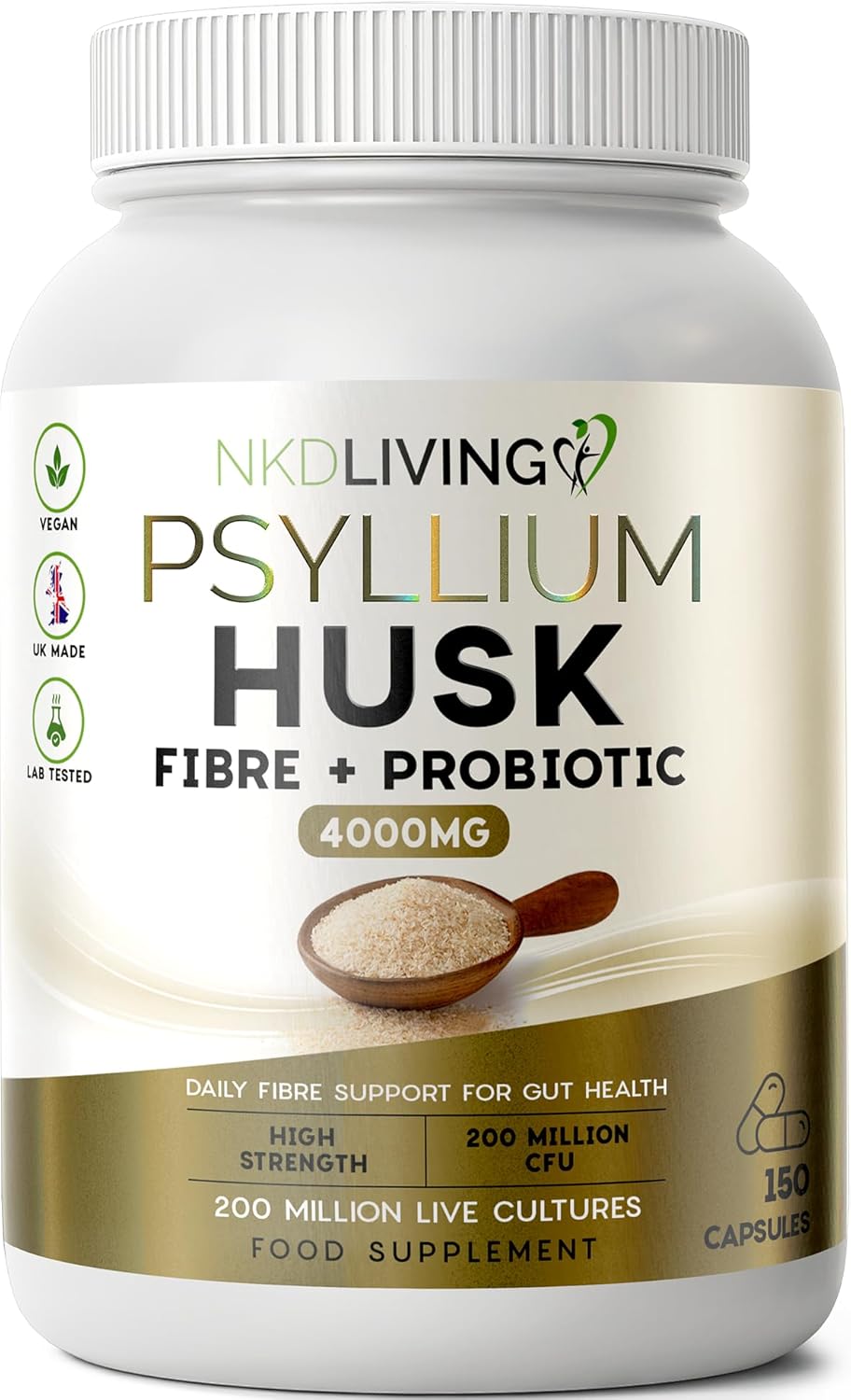 NKD Living psyllium Husk Capsules 4000mg with Lactobacillus acidophilus | 200 Million CFU | Natural Soluble Fibre | 150 Vegan Capsules