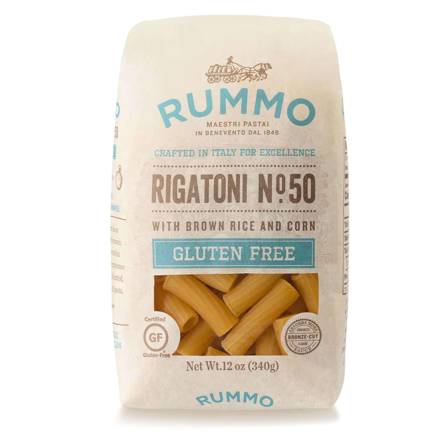 Rummo Gluten Free Rigatoni N.50 - Gluten Free Pasta, Made with Corn & Rice, Rigatoni Pasta Noodles, Pasta from Italy - 12 Ounce (Pack of 4)