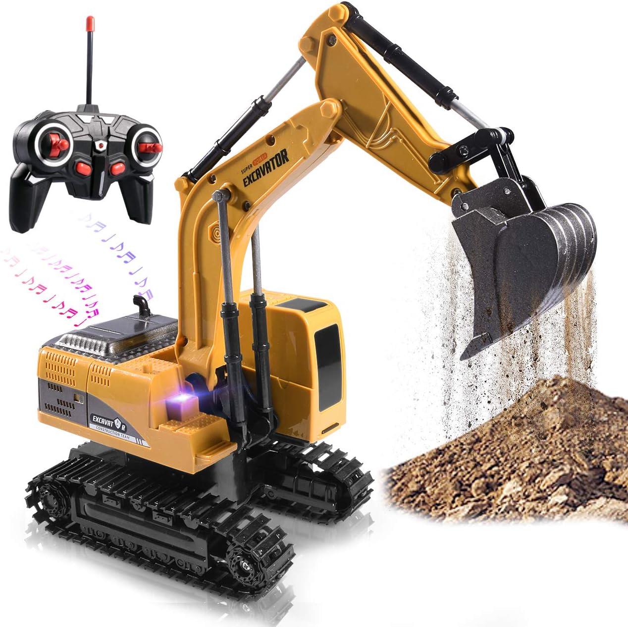 Construction Excavator Toy - Kids Toy Engineering Digger Truck, Remote Control Rechargable Hydraulic Car for 3 4 6 7 8 Year Old Boys Girls, Educational Toys for Kids & Children