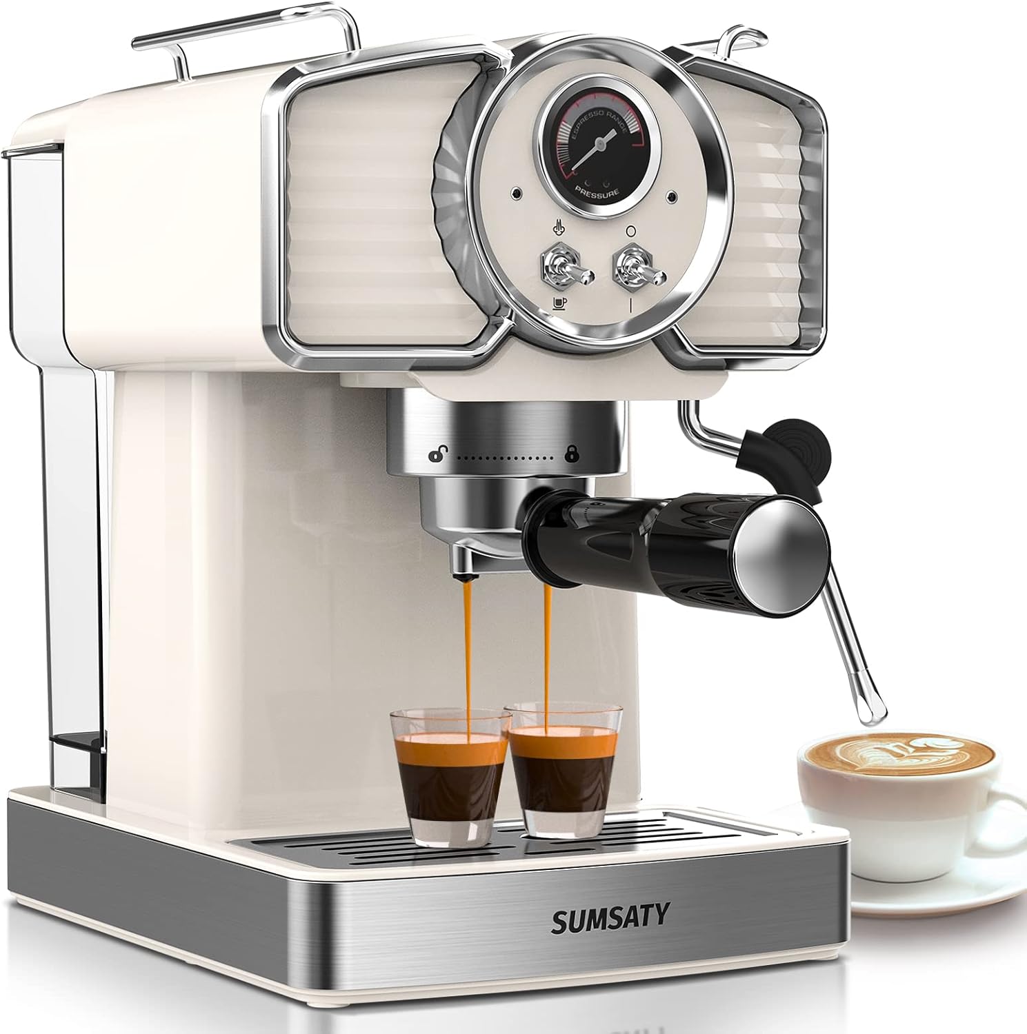 Espresso Machine 20 Bar, Professional Espresso Maker with Milk Frother Steamer Wand, Espresso Coffee Machine White, Cappuccino & Latte Machine for Home, Retro, 1.8L Removable Water Tank
